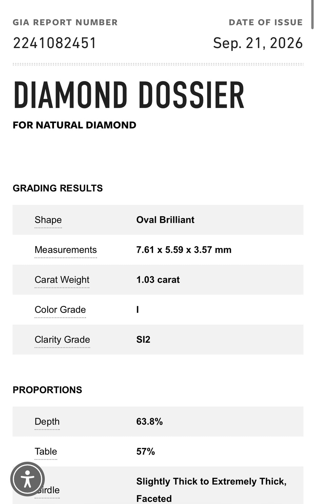 1.03ct I SI2 Oval Shape Loose Diamond Certified by GIA #2241082451