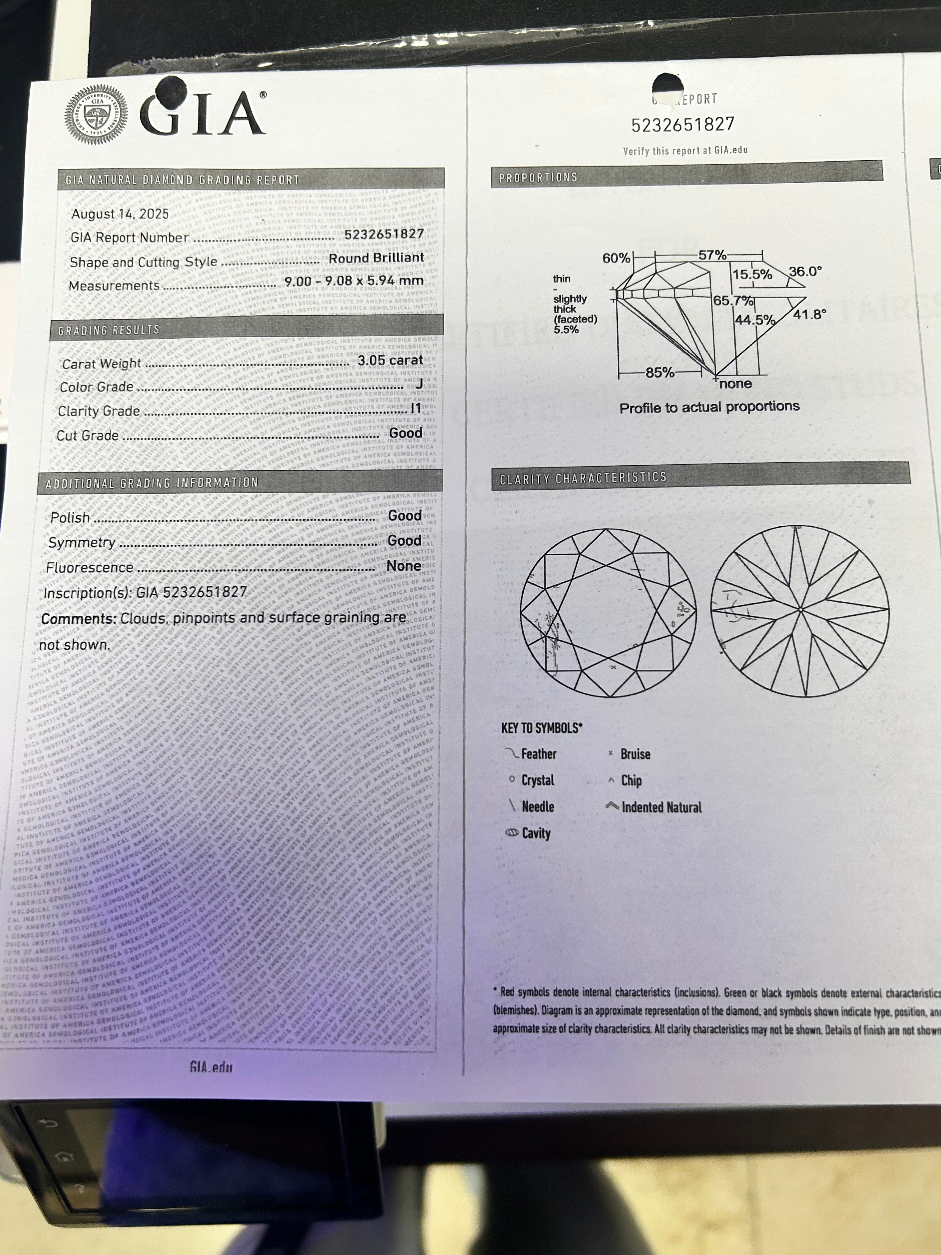 Platinum 3.05 J I1 Round Diamond /.45ct E VS1 Tapered Baguette Diamond (3) Stone Engagement Ring Certified By GIA# 5232651827