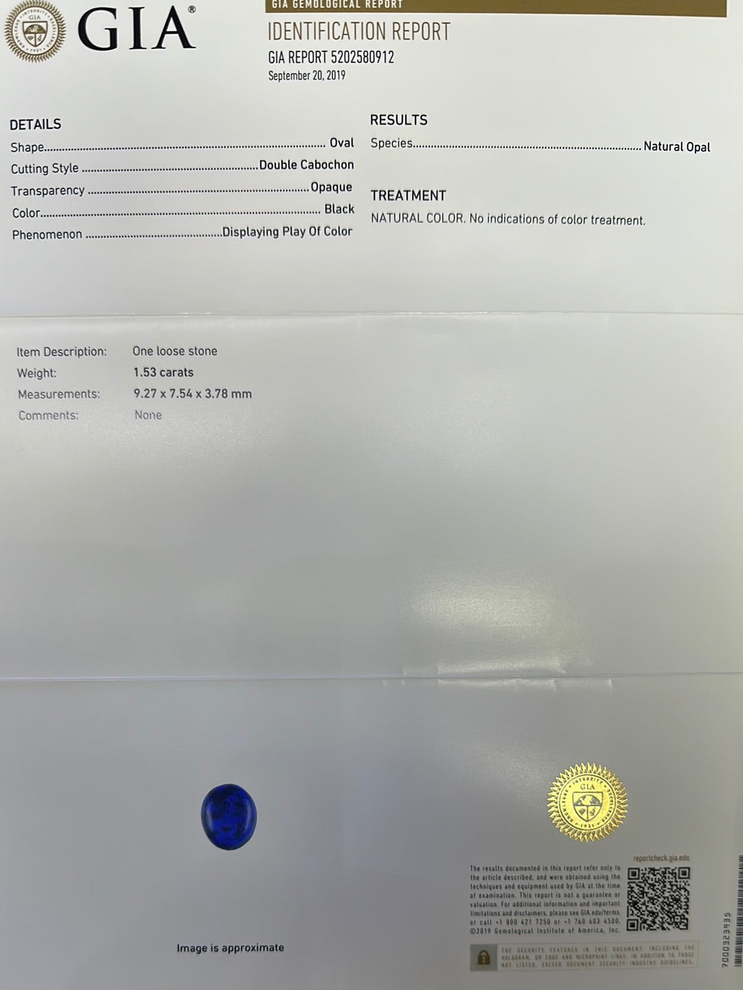 1.53 ct GIA Certified Oval shaped Black Opal