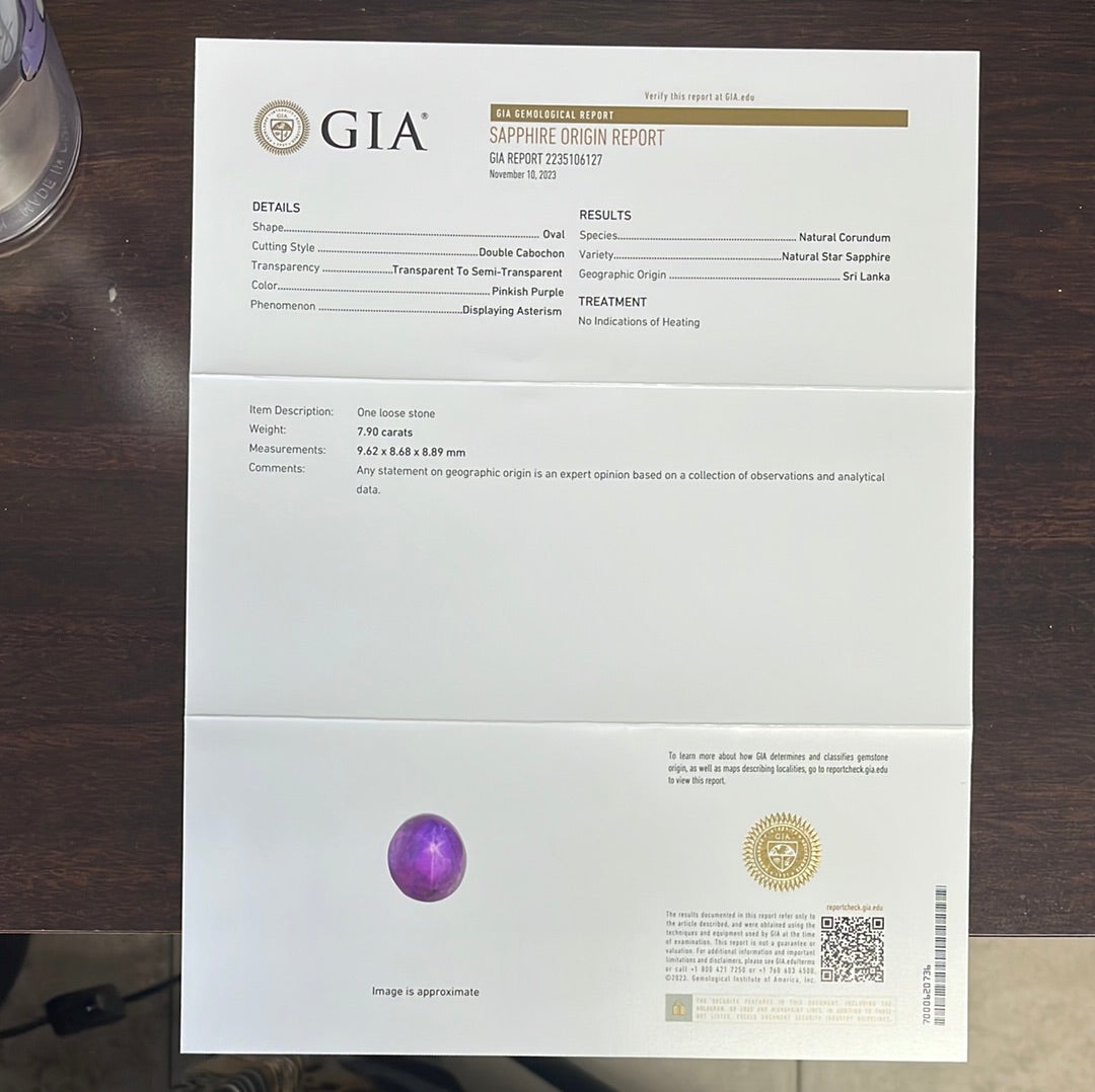 18k White Gold Vintage 7.90ct Double Cabochon Pinkish Purple Natural Star Sapphire/ .85ct H SI1 Round Diamond Certified by GIA #2235106127