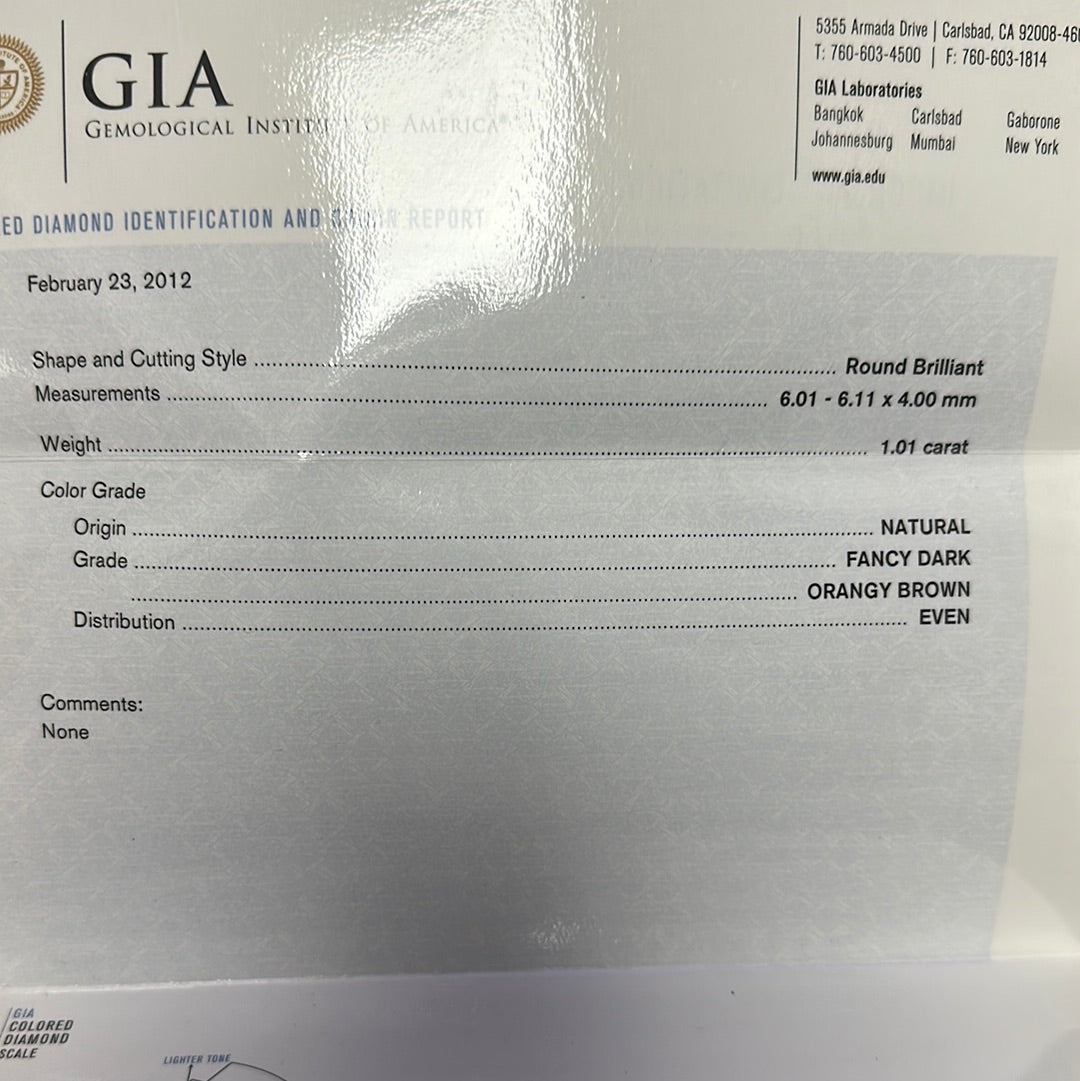 1.01CT FANCY DARK ORANGY BROWN ROUND GIA