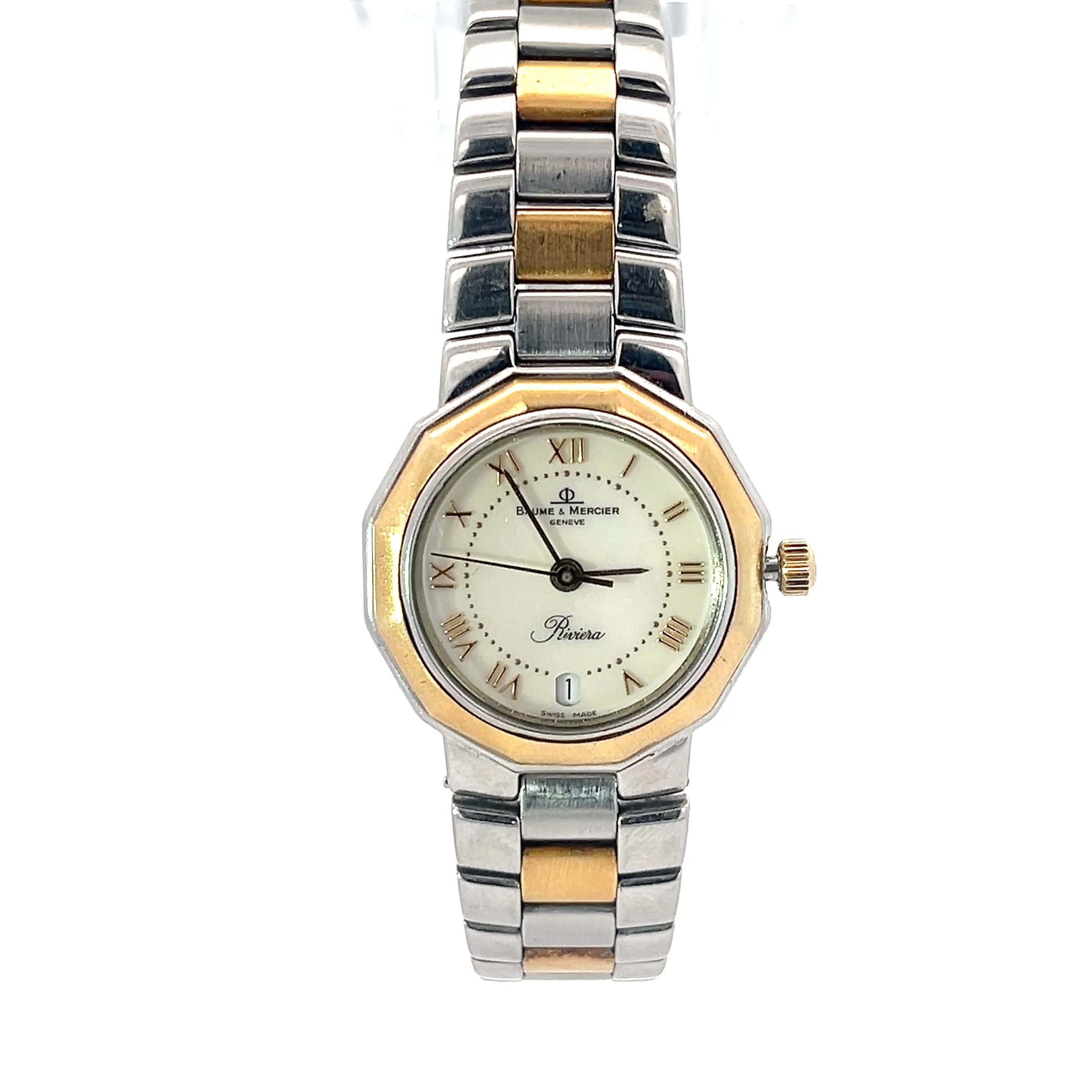 Baume & Marcier Riviera Two Tone Gold Plated/ Stainless Watch Mother of Pearl Dial Watch Preowned