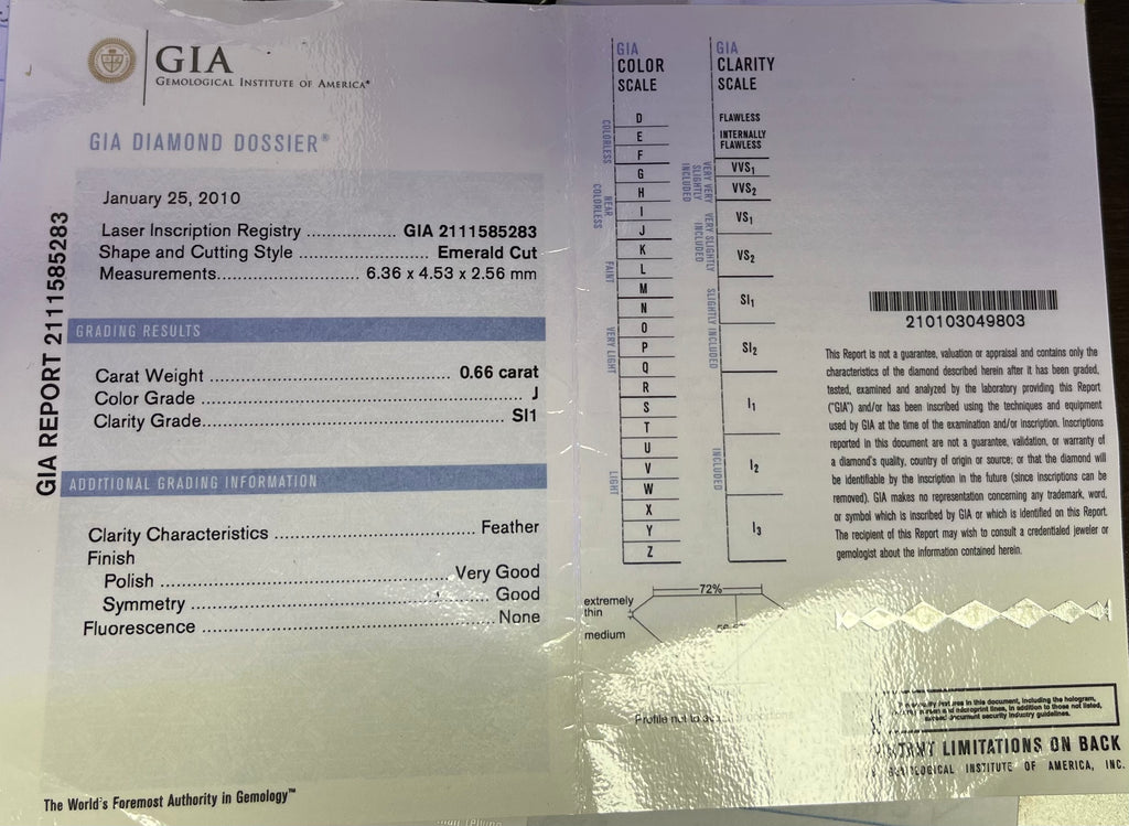 14k White Gold .66ct Emerald Cut J SI1 and .38ct G SI1  Emerald Cut diamond Engagement Ring Certified by GIA# 2111585283