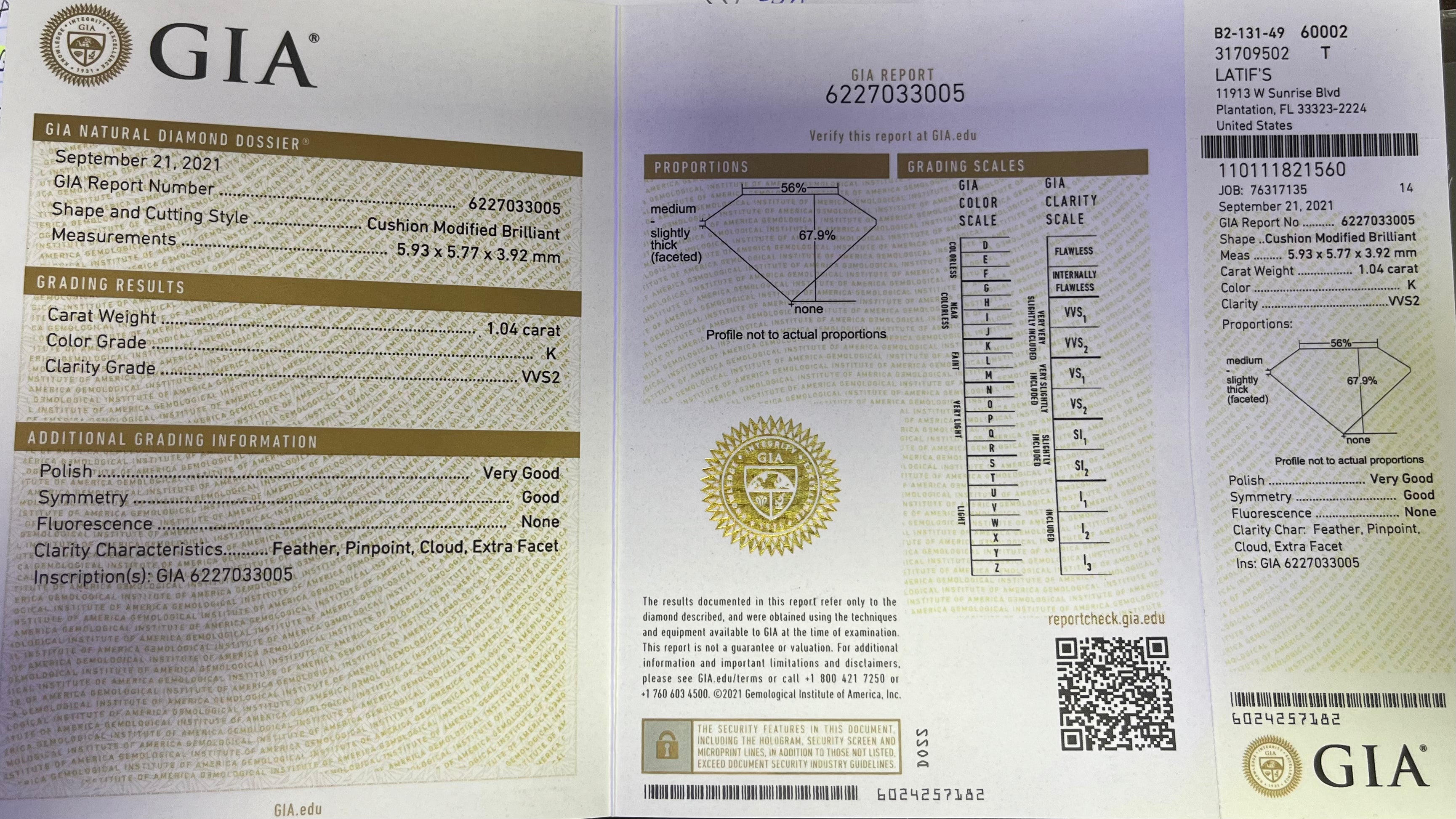 18k Rose Gold 1.04ct k VVS2 Cushion cut Diamond /.30ct G VS@ Round Diamond Engagement Ring Certified By GIA#6227033005