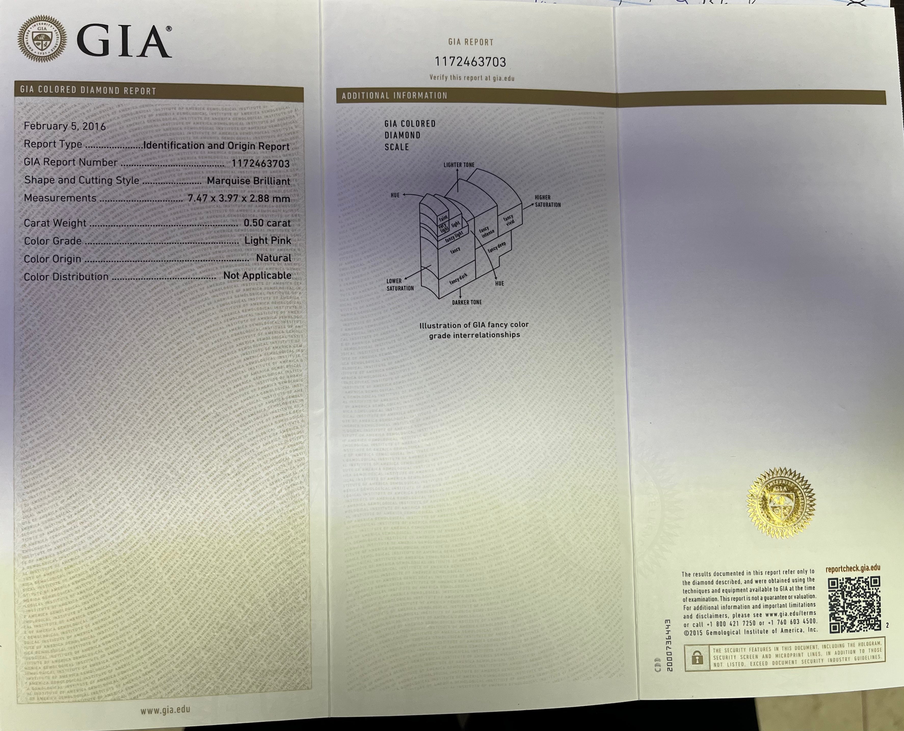 18k Rose and White Gold .50ct Natural Fancy Light Pink Marquise Diamond and .25ct Natural Pink Round Diamond the Halo and .78ct G VS2 Round Diamond  along the band Engagement ring Certified by GIA #1172463703 Size 6 1/2