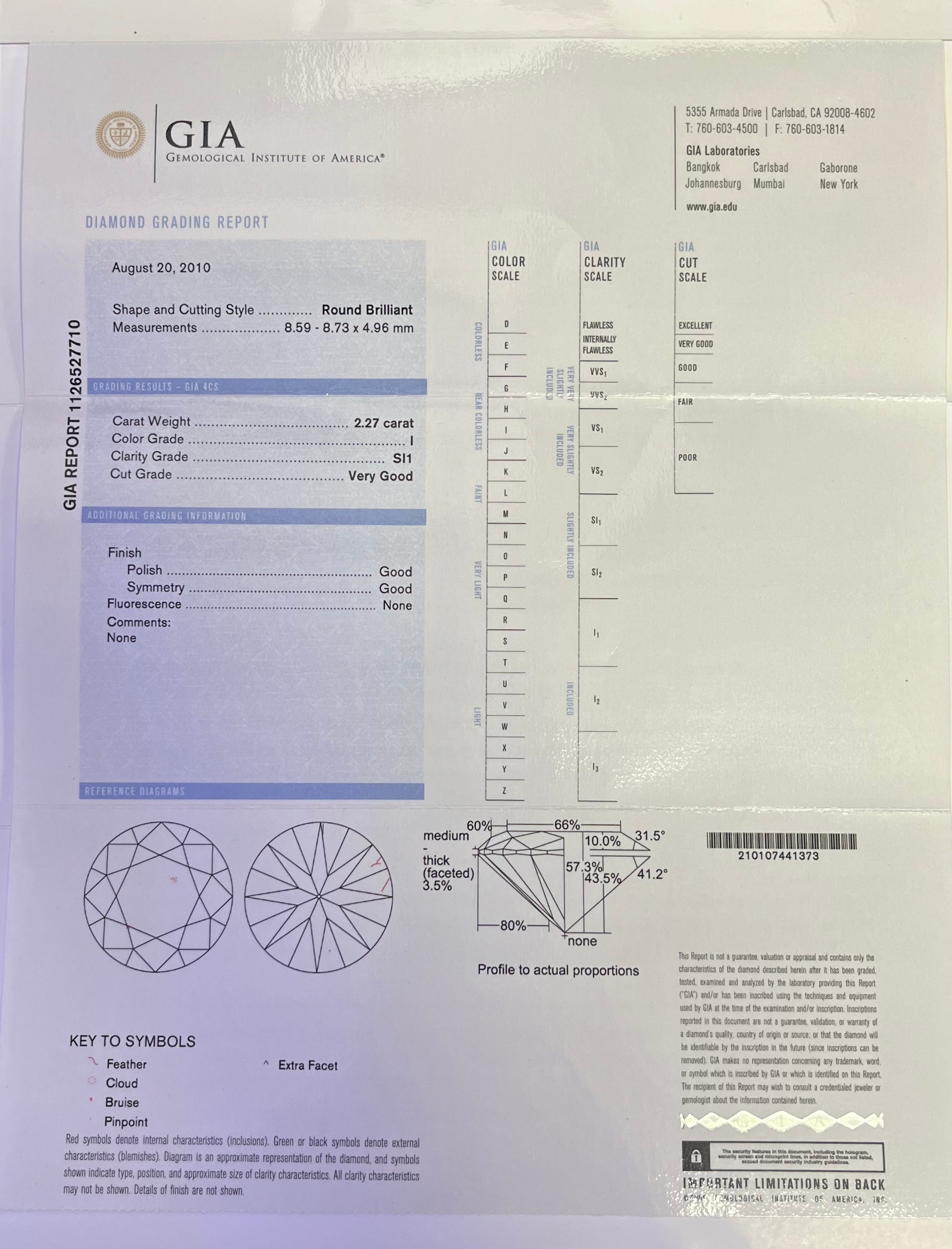 2.27ct  I SI1 Round Diamond Certified By GIA # 1126527710