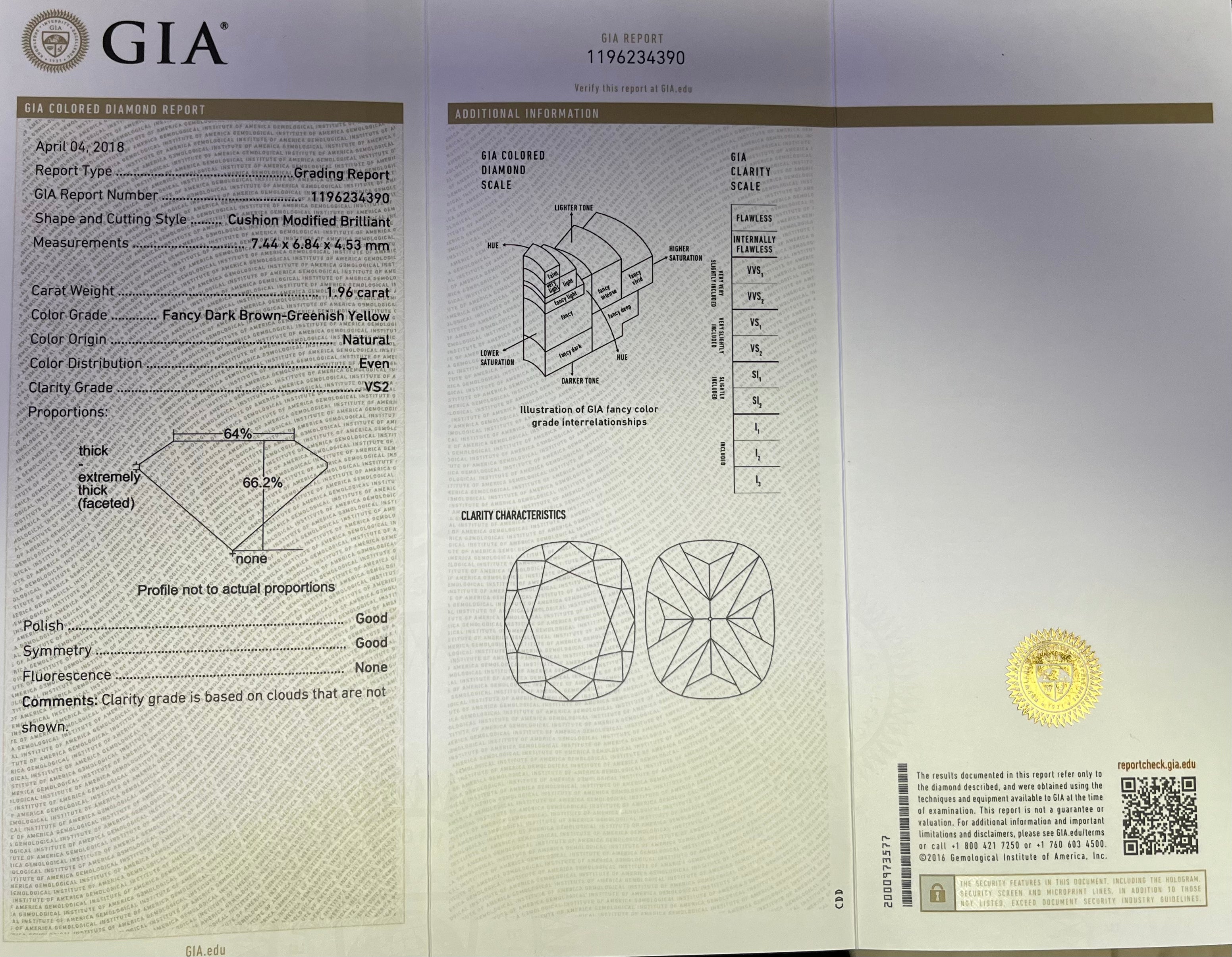 18k White Gold 1.96ct Vs2 Natural Fancy Dark Brown-Greenish Yellow  Cushion Shaped and .95ct F VS2 Round Diamond the halo and along the band engagement ring Certified by GIA #1196234390