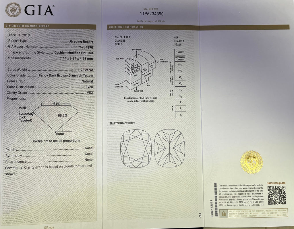 18k White Gold 1.96ct Vs2 Natural Fancy Dark Brown-Greenish Yellow  Cushion Shaped and .95ct F VS2 Round Diamond the Halo and along the Band Engagement Ring Certified by GIA #1196234390
