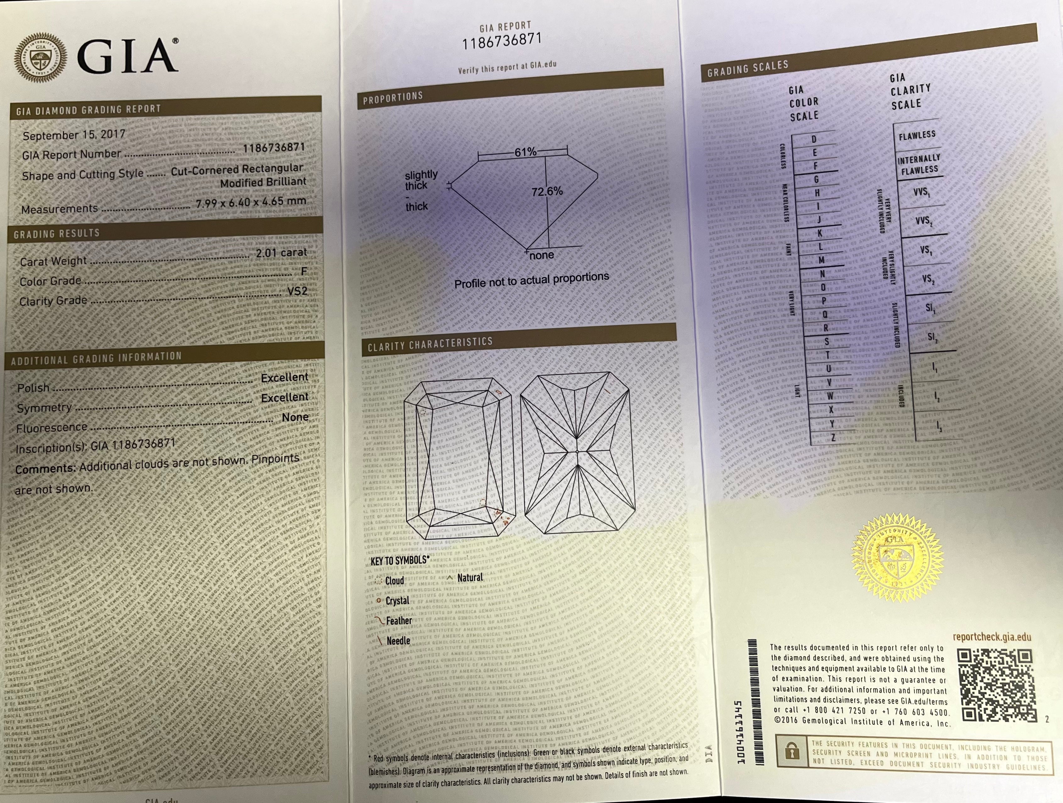 14KW 2.01CT F VS2 CUT CORNERED RECTANGULAR AND along the band .25CT G VS2 Round Diamond  Certified by GIA# 1186736871