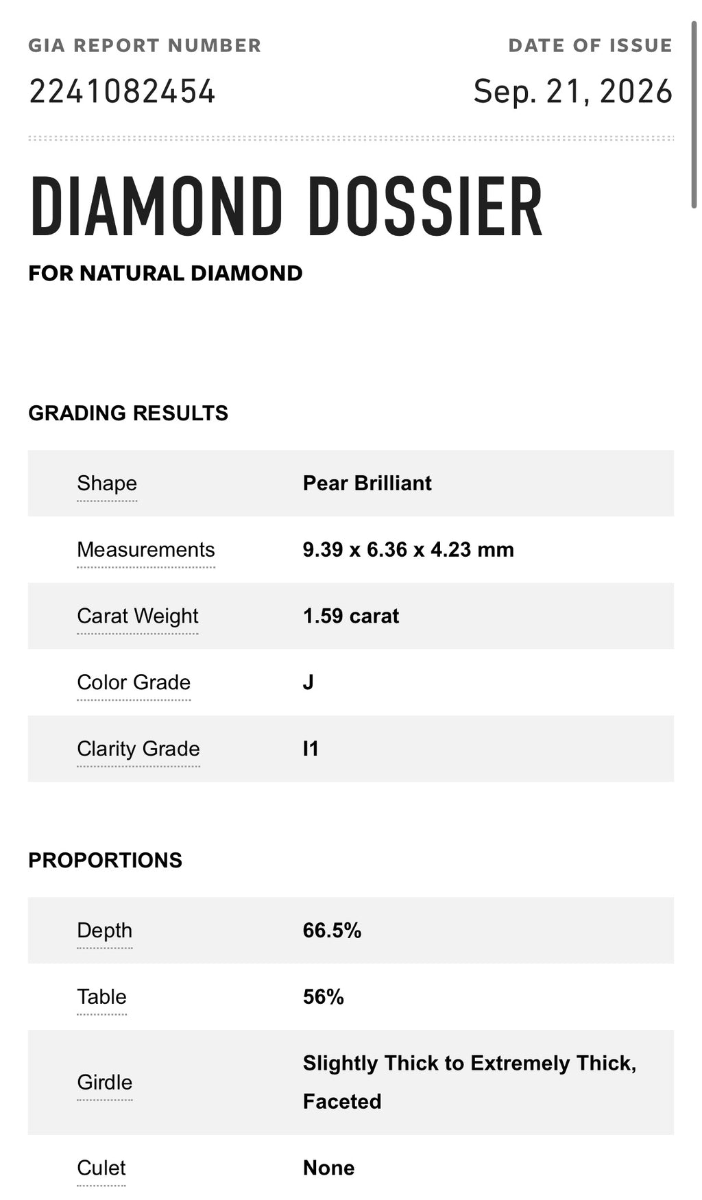 1.59ct J I1 Pear Shape/Certified By GIA # 2241082454