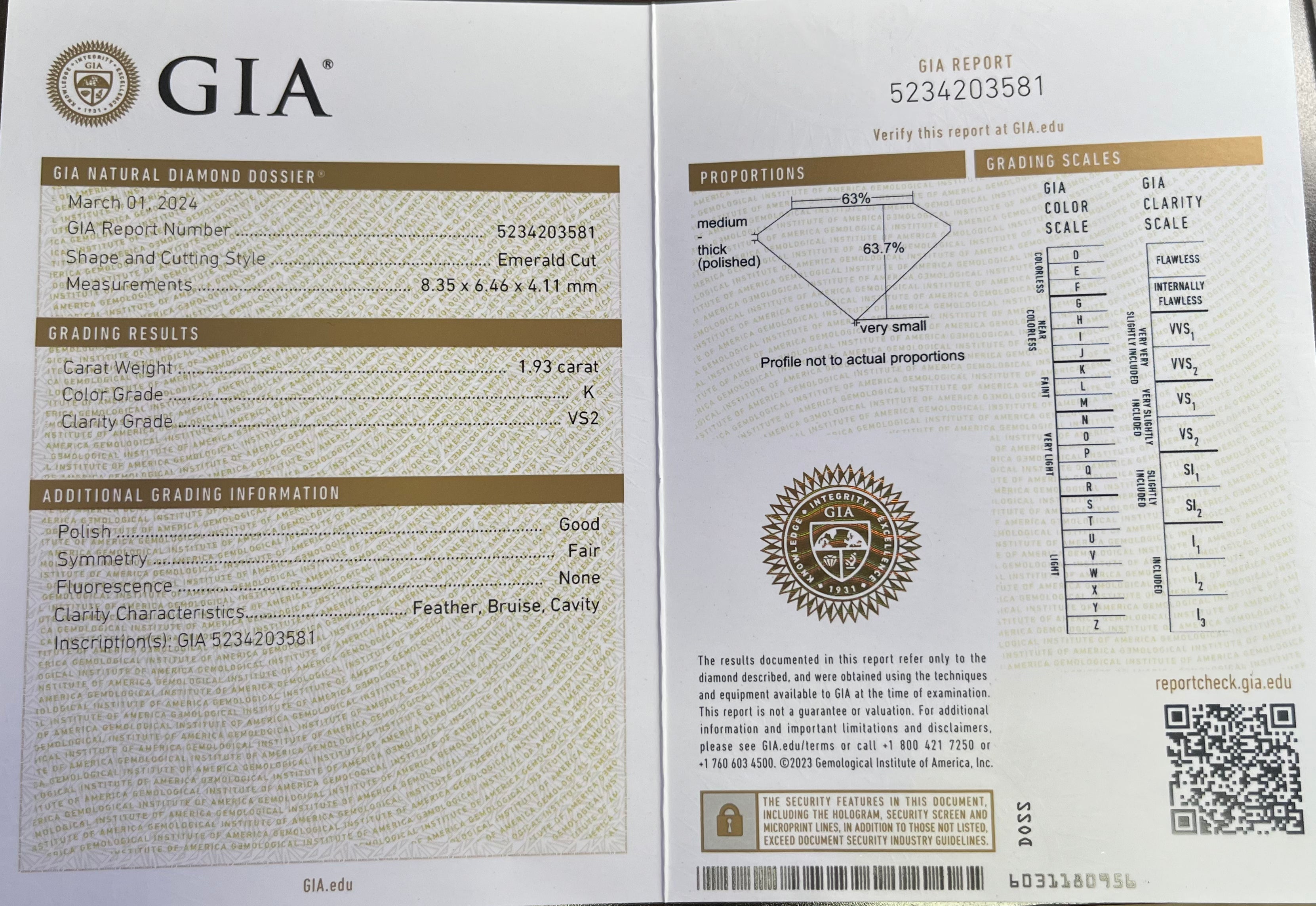 18K YELLOW GOLD 1.93ct K VS2 EMERALD CUT AND .35 GVS2 ROUND ENGAGEMENT RING CERTIFIED BY GIA # 5234203581