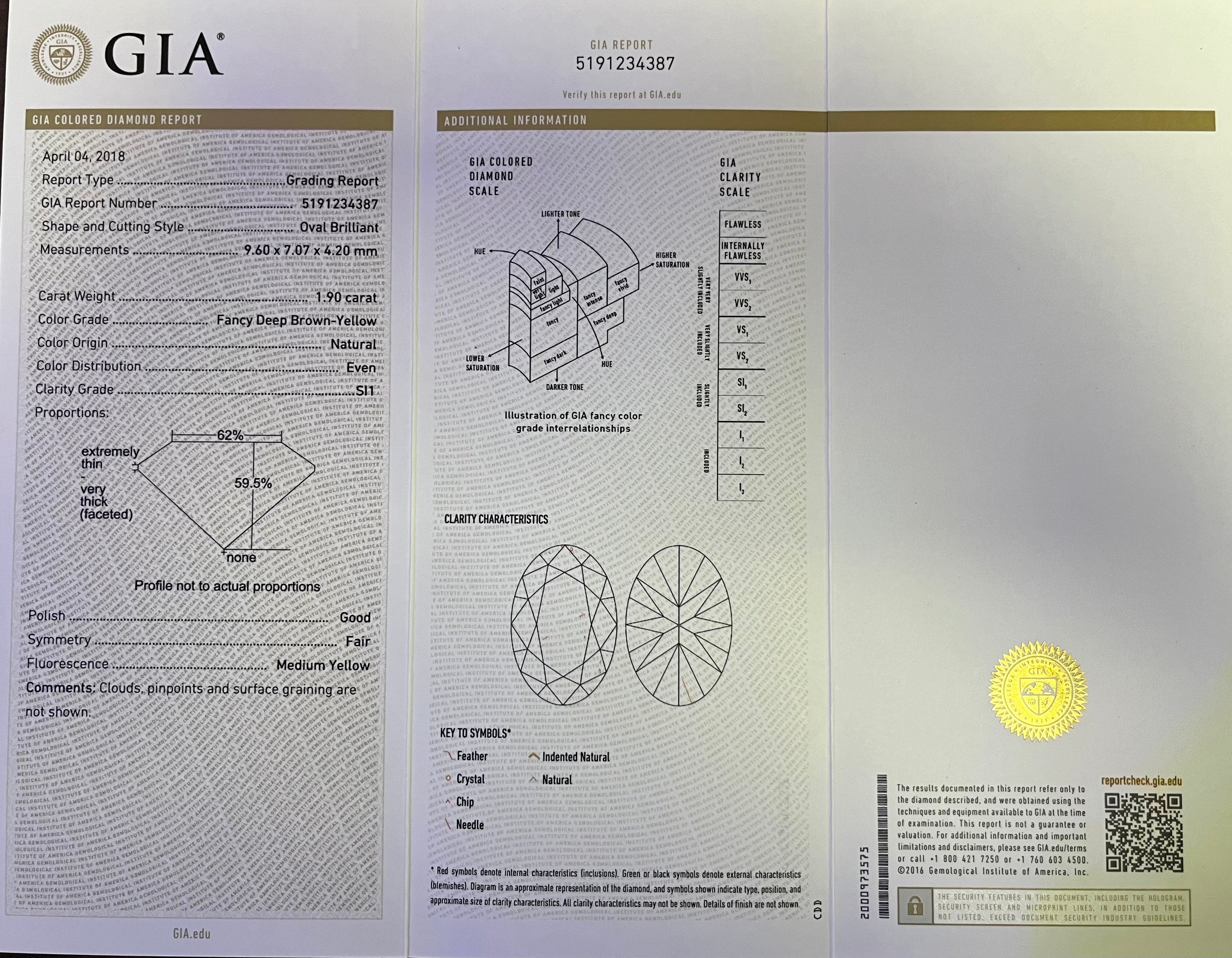 18k Two Toned 1.90ct Oval Shape Fancy Deep Brown Yellow/ .94ct G SI1 Round Diamond and .24ct Round Yellow Diamond Engagement Ring Certified by GIA # 5191234387 Ring