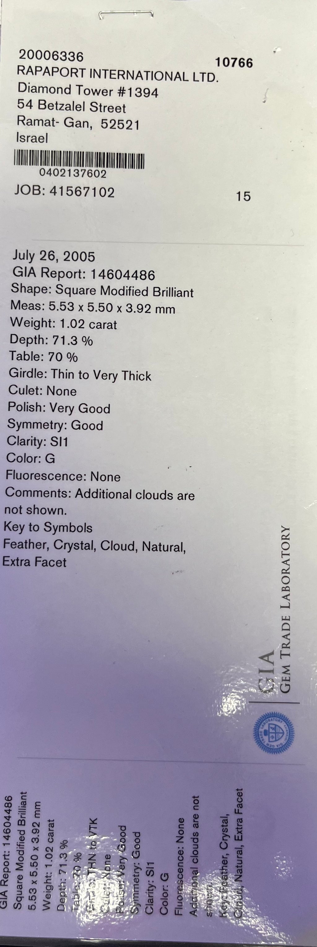 Platinum 1.02ct G SI1 Princess Cut Diamond and .38ct F VS2  Round Engagement Ring Certified by GIA #14604486