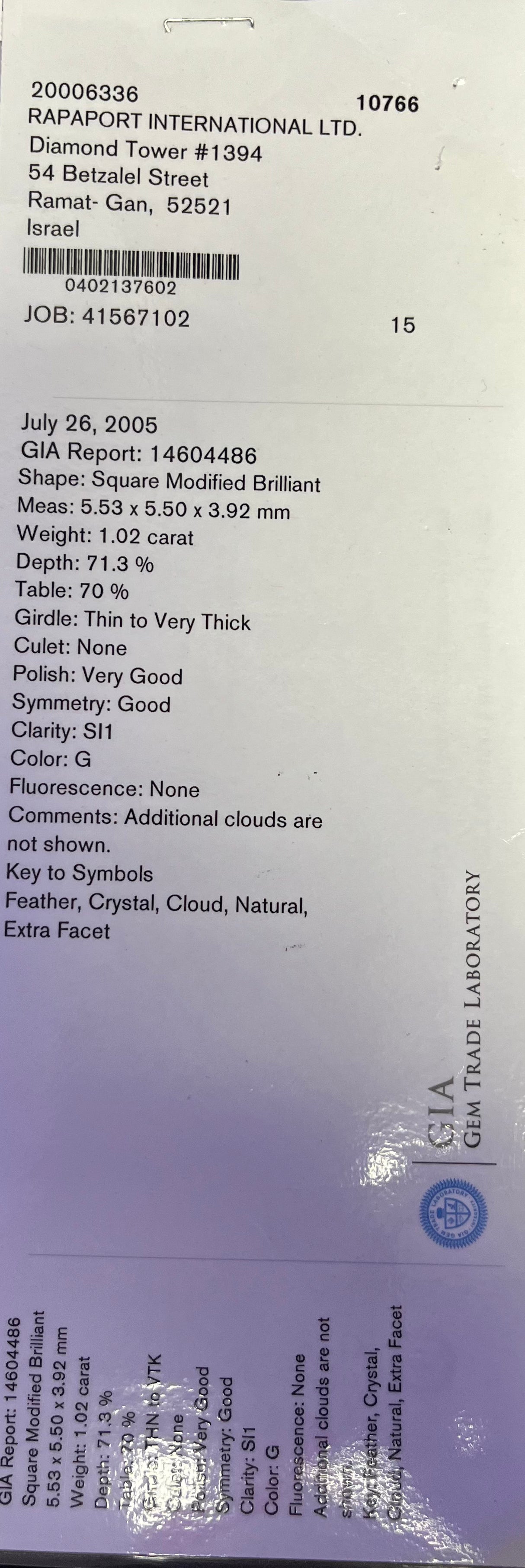 Platinum 1.02ct G SI1 Princess Cut Diamond and .38ct F VS2  Round Engagement Ring Certified by GIA #14604486