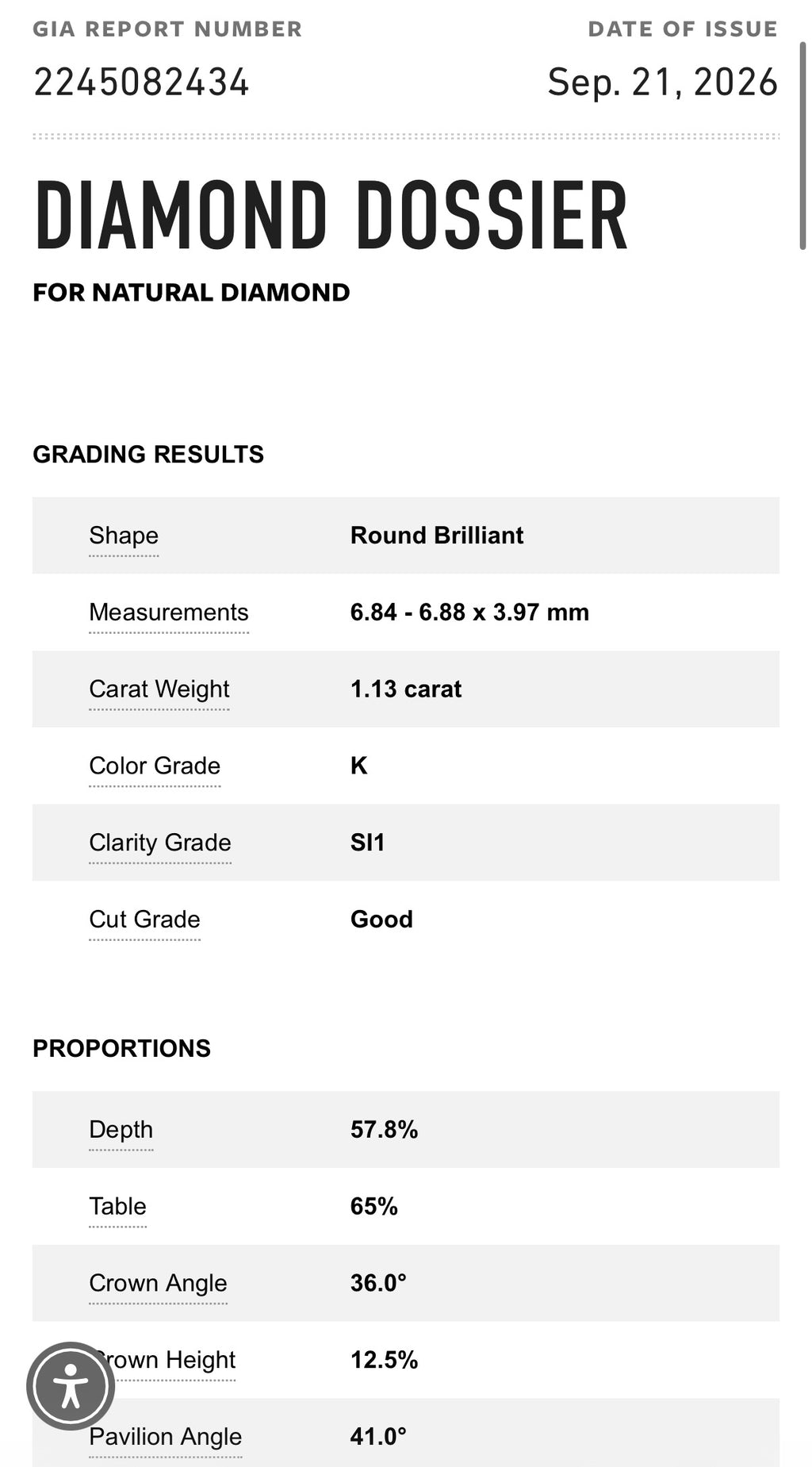 1.13ct K SI1 Round Shape Loose Diamond Certified by GIA # 2245082434