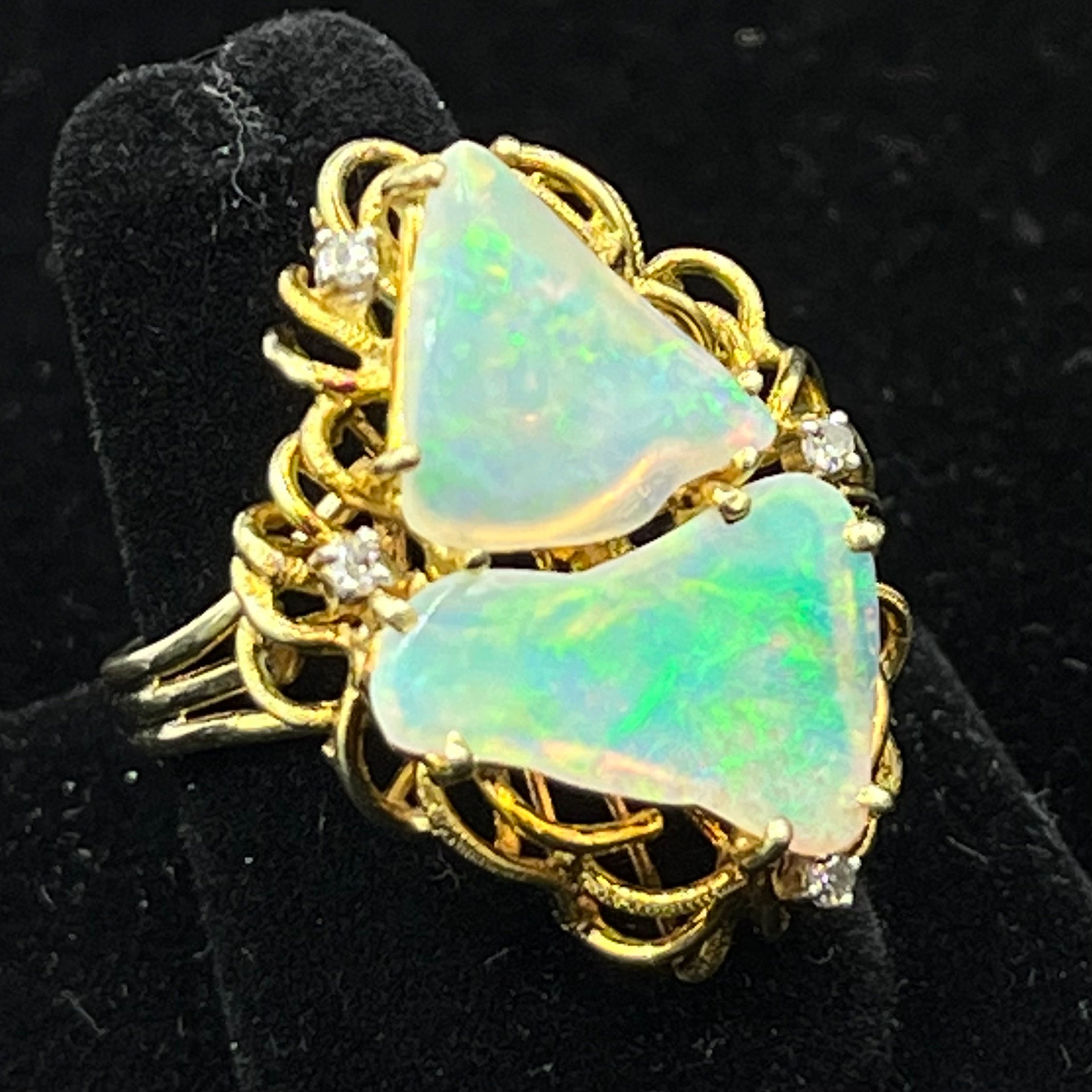 14k Yellow Gold Vintage Opal and Diamond Free Form Ring