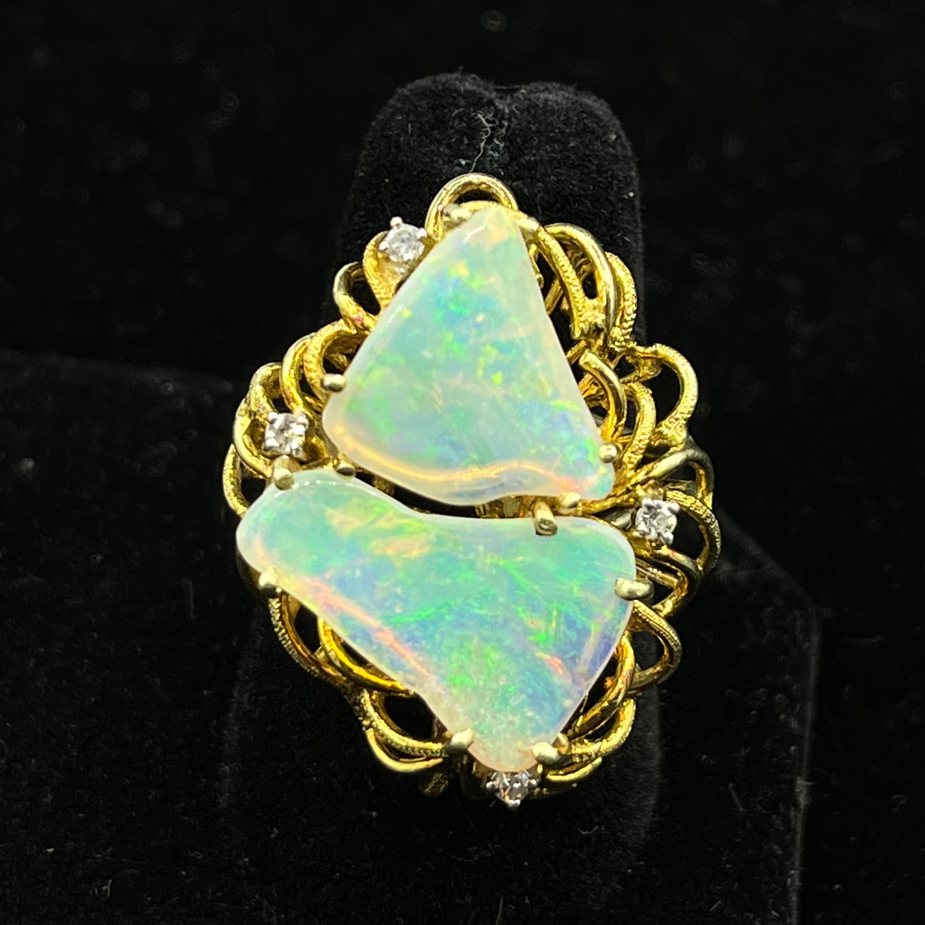 14k Yellow Gold Vintage Opal and Diamond Free Form Ring