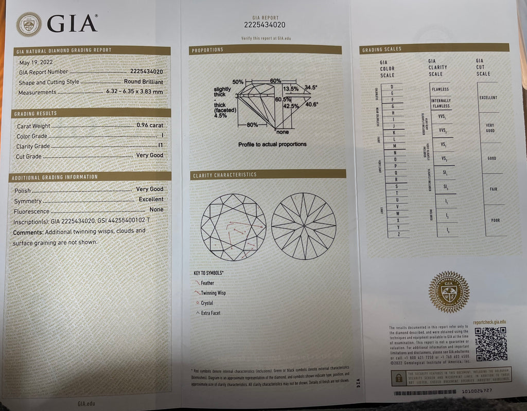 14k White Gold .96ct I I1 Round Center Diamond and along Halo .28ct I I1 Round Diamond Solitaire Necklace Certified By GIA # 2225434020