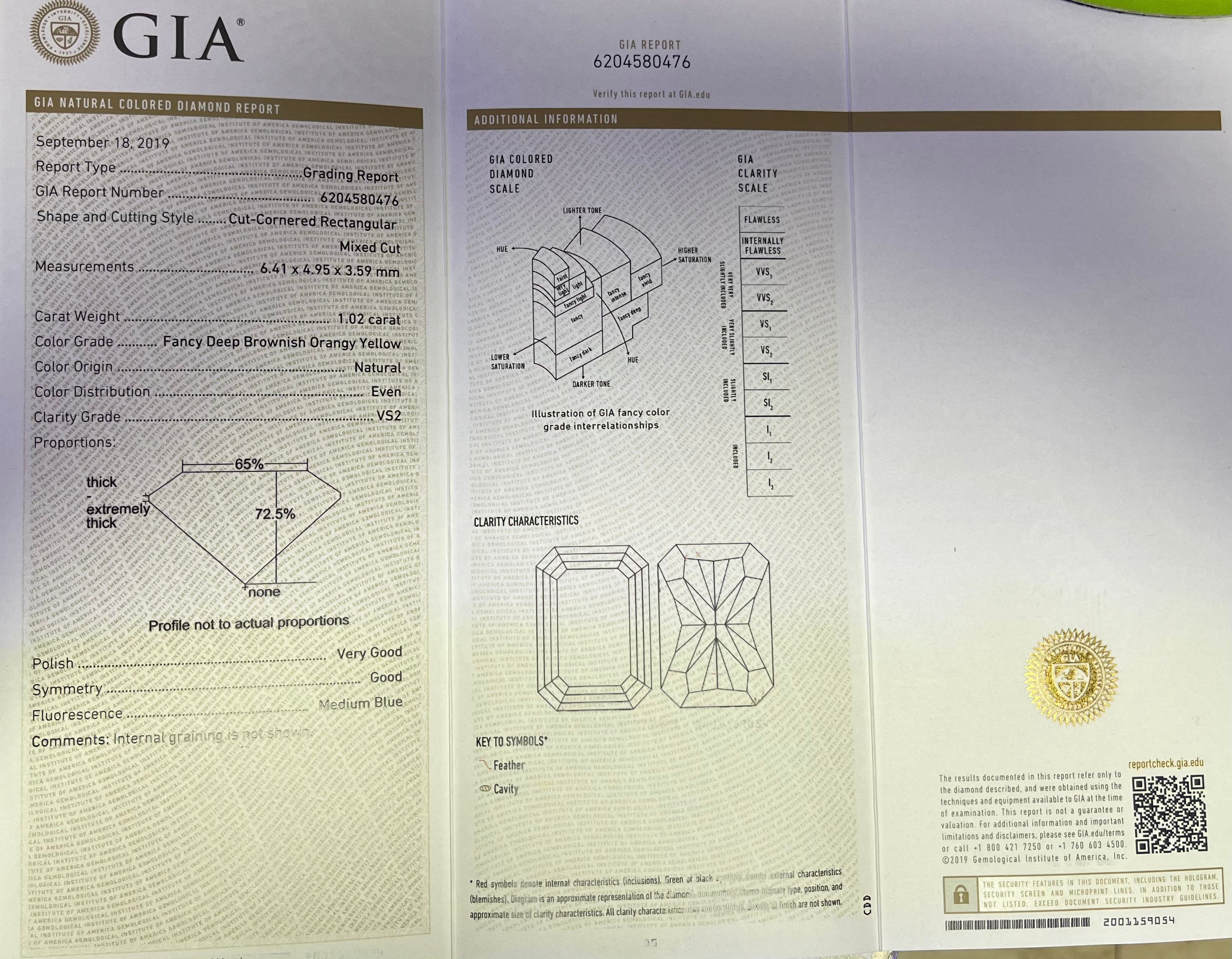 18k Two Toned 1.02ct  Fancy Dark Yellow Diamond and .40ct F VS2 (2) Trapezoid Shape Diamond Engagement Ring Certified by GIA# 6204580476