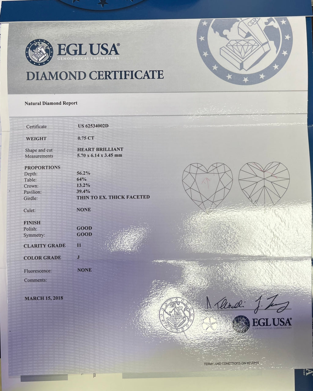 14k White Gold .75ct J SI2 Heart Shape Diamond/ .45CT H SI1 Round Diamond Engagement Ring Certified By  EGL# US62534002D Size  6 3/4