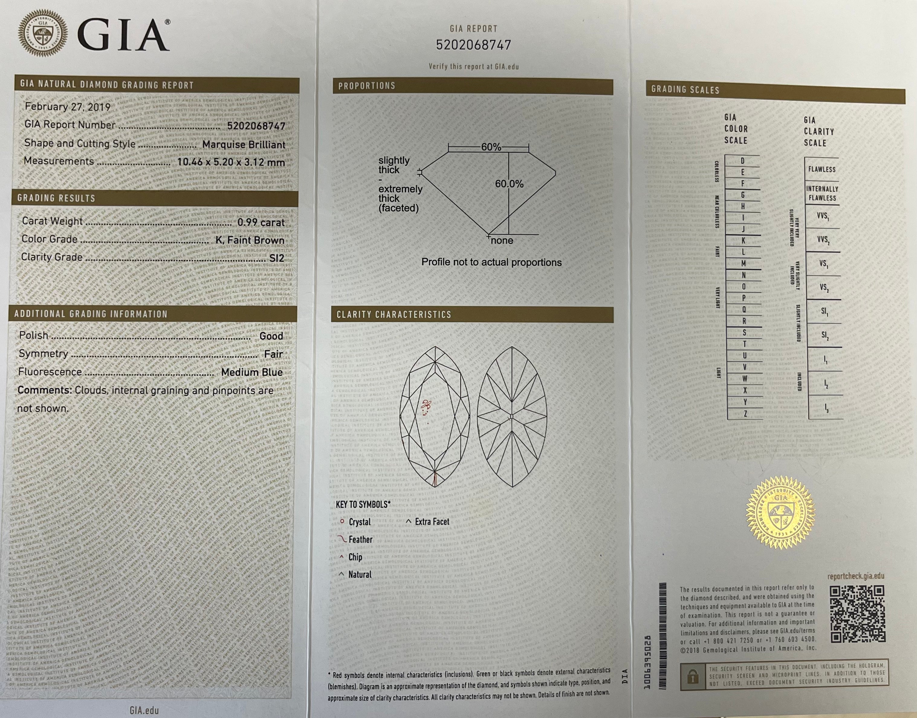 18k Two Toned .99ct K Faint Brown SI 2 Marquise Shaped Diamond / .40ct Natural Light Pink Round  Diamond around the Halo and .60ct G VS2 Round along the Band Engagement Ring Certified By GIA # 5202068747 Size 6 1/2