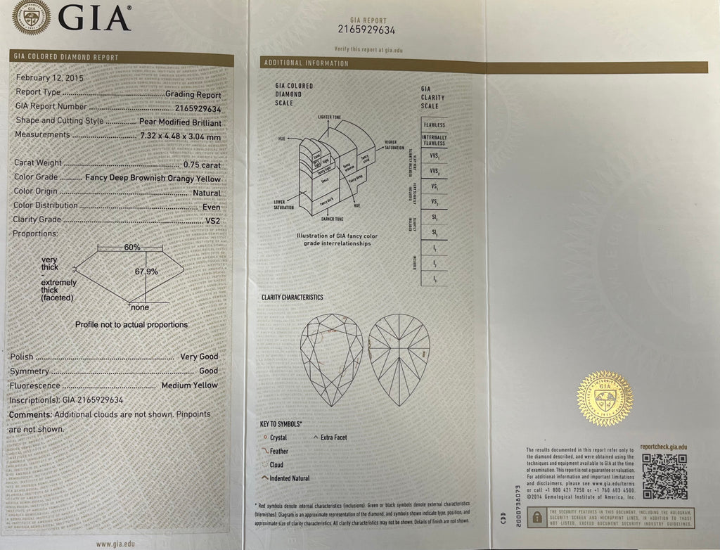 18k White Gold .75ct Fancy Deep Brownish Orangy Yellow Pear Shaped Chocolate Diamond and Surrounded .30ct F VS2 Round Diamond Engagement Ring Certified by GIA #2165929634