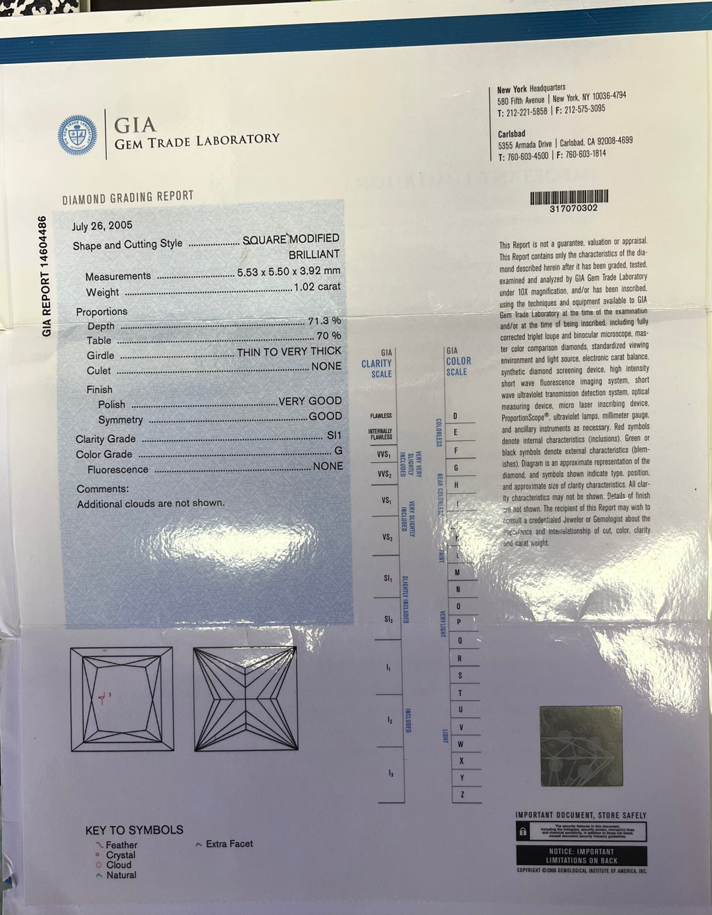 Platinum 1.02ct G SI1 Princess Cut Diamond and .38ct F VS2  Round Engagement Ring Certified by GIA #14604486