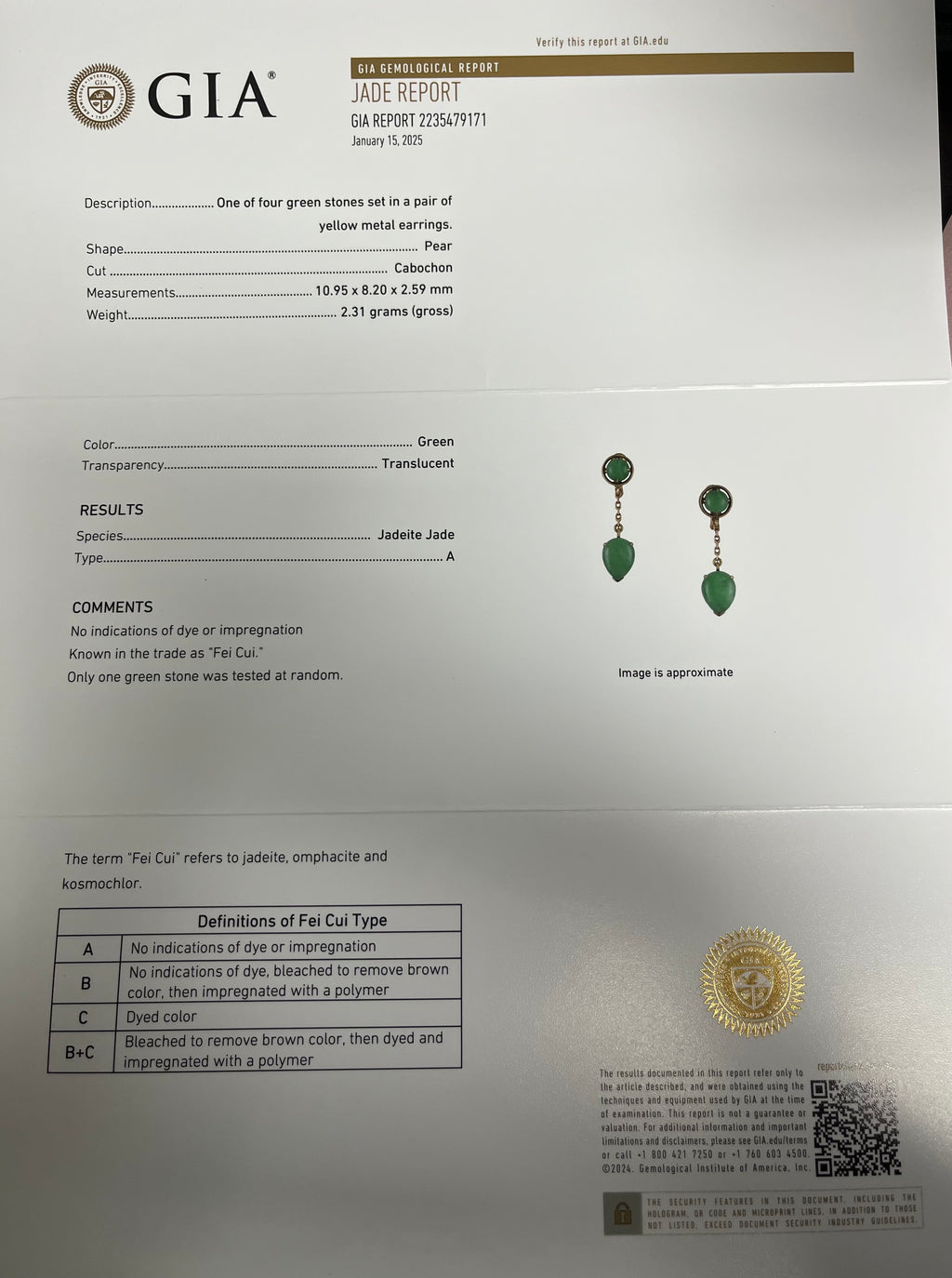 14k Yellow Gold Vintage A Grade Jade Jadeite Round and Pear Shape Cabochon Dangle Earrings 1 1/4 inch