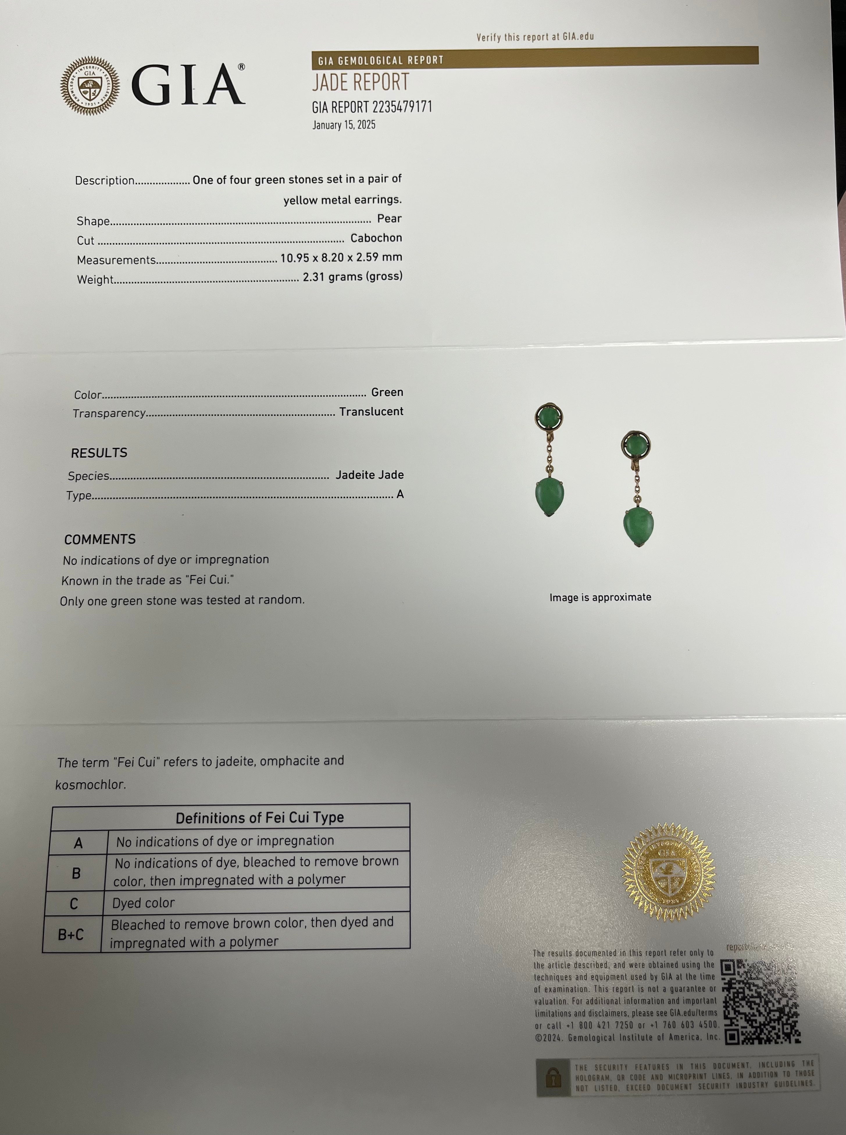14k Yellow Gold Vintage A Grade Jade Jadeite Round and Pear Shape Cabochon Dangle Earrings 1 1/4 inch