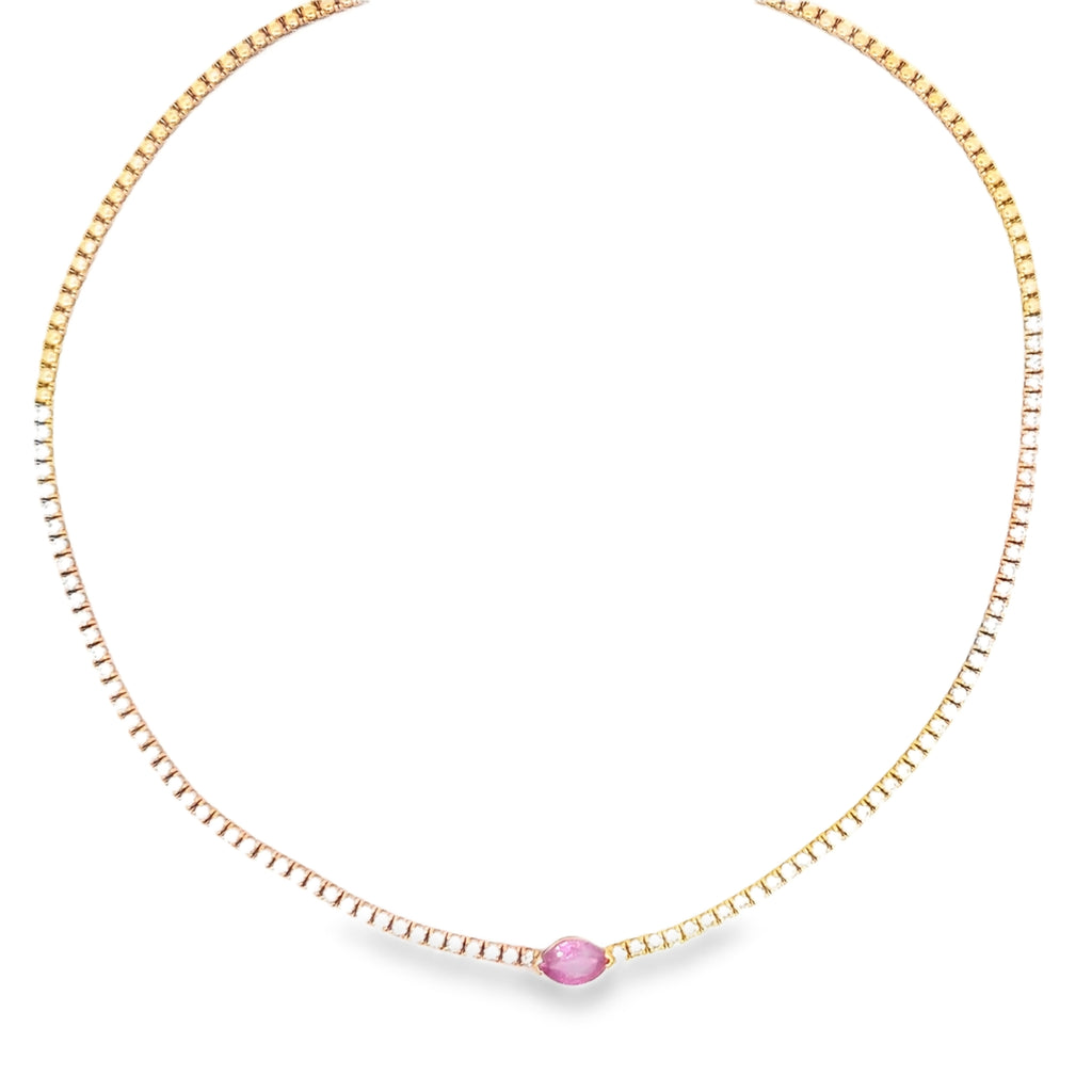 18k Rose Gold 2.00ct G VS2 Round Diamond / 1.25ct Pink Sapphire Diamond Marquise Half Round Diamond and Half Gold Beaded Tennis Necklace