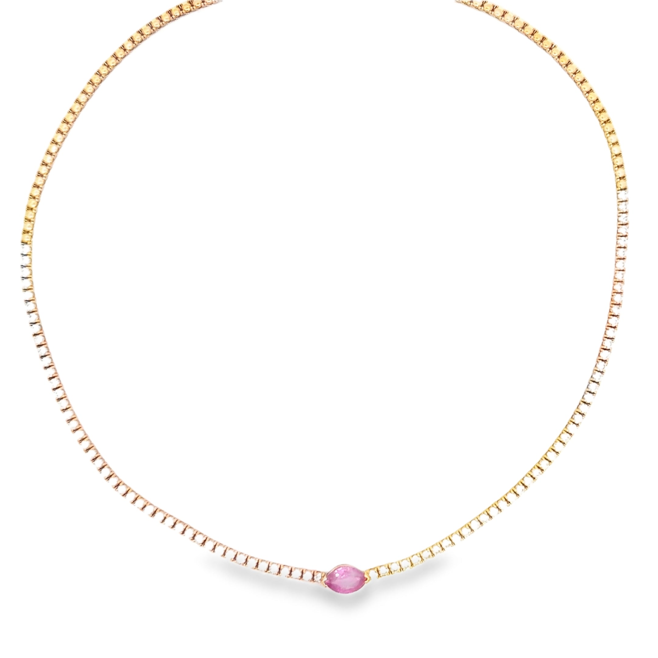 18k Rose Gold 2.00ct G VS2 Round Diamond / 1.25ct Pink Sapphire Diamond Marquise Half Round Diamond and Half Gold Beaded Tennis Necklace