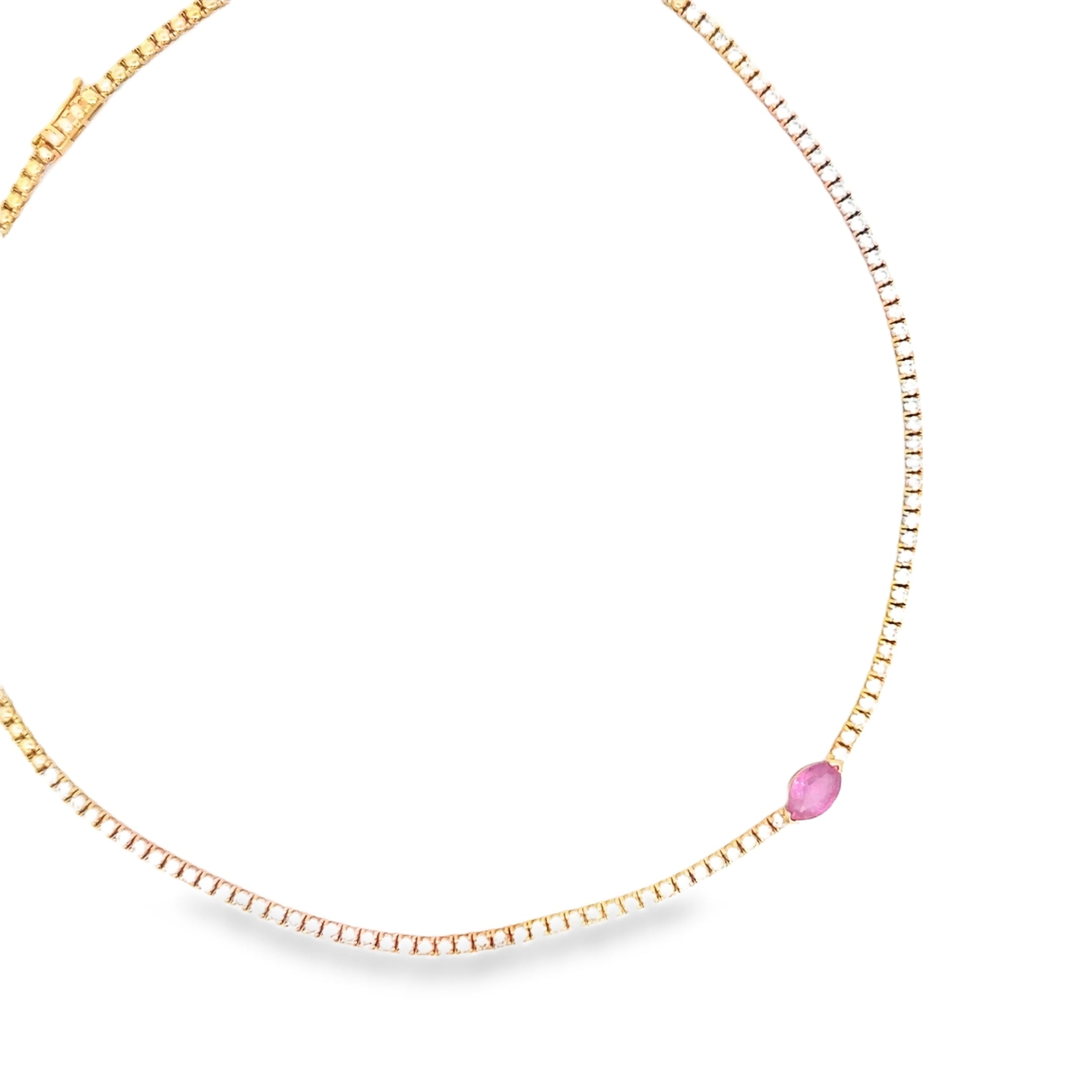 18k Rose Gold 2.00ct G VS2 Round Diamond / 1.25ct Pink Sapphire Diamond Marquise Half Round Diamond and Half Gold Beaded Tennis Necklace