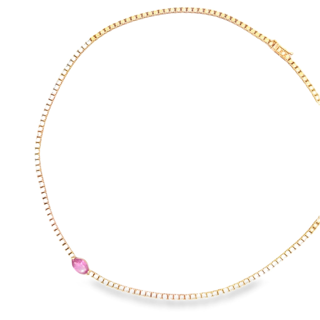 18k Rose Gold 2.00ct G VS2 Round Diamond / 1.25ct Pink Sapphire Diamond Marquise Half Round Diamond and Half Gold Beaded Tennis Necklace