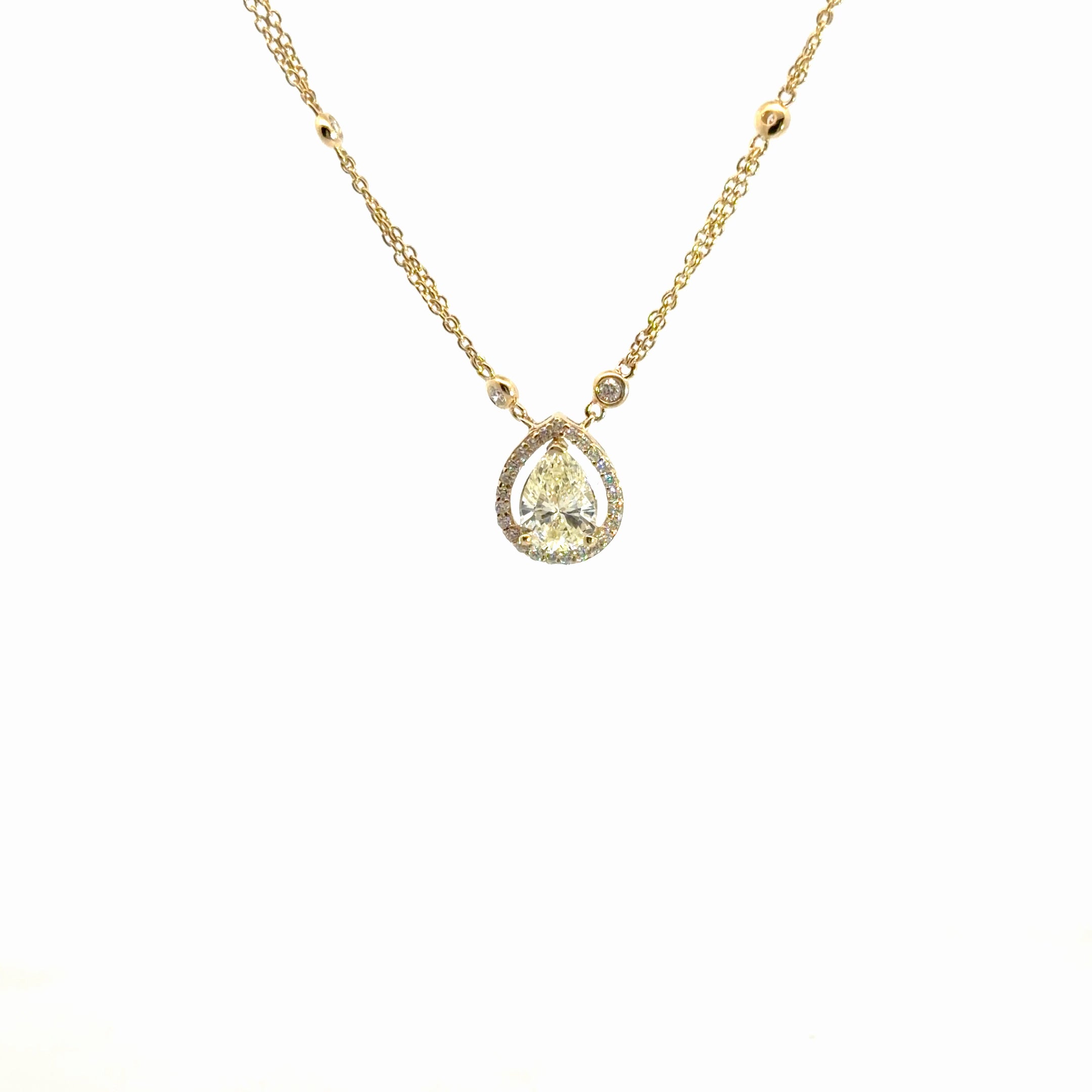 14k Yellow Gold 1.25ct Q VS2 Round Pear Shape /.37ct G VS2 Round Diamond with Diamond By Yard Necklace