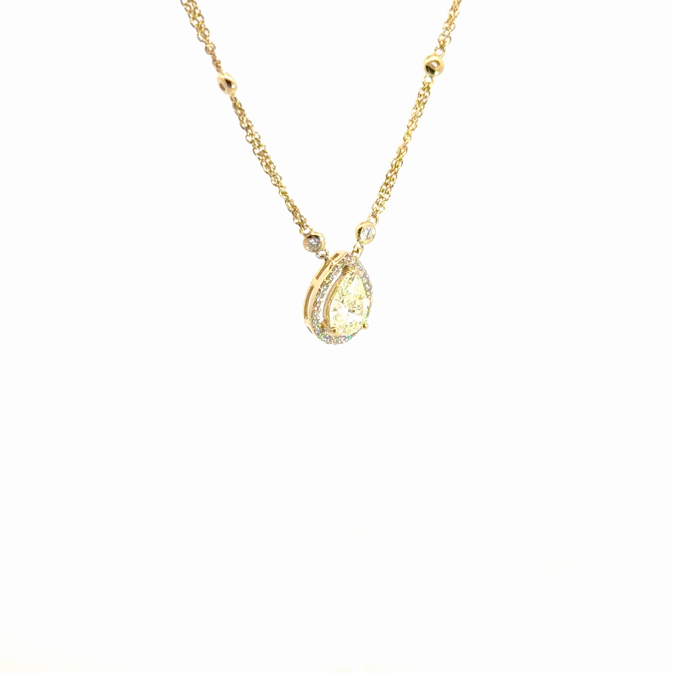 14k Yellow Gold 1.25ct Q VS2 Round Pear Shape /.37ct G VS2 Round Diamond with Diamond By Yard Necklace