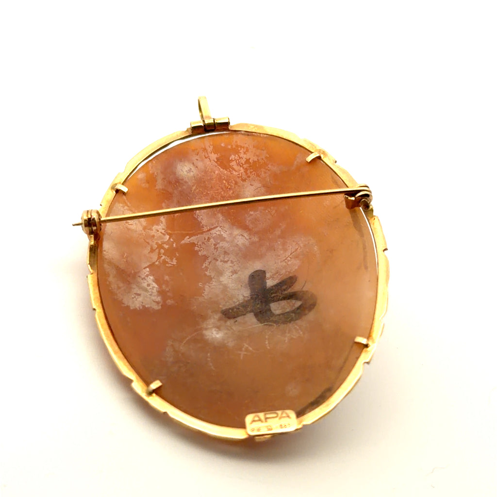 14k Yellow Gold Vintage Cameo Hand-Carved Shell Brooch (Pin) or Necklace (Pendant)  2 x 1 1/2