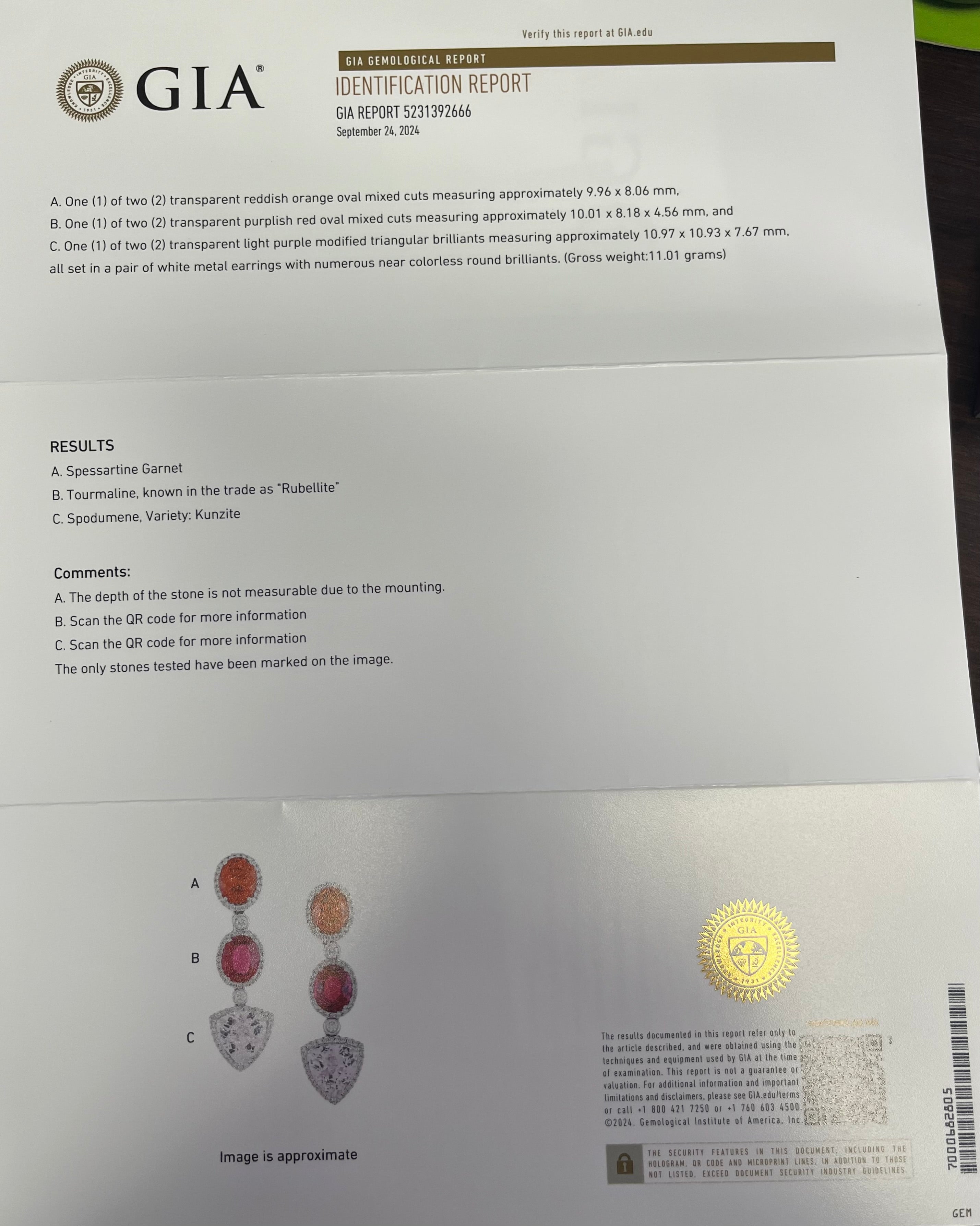 18k White Gold 1.00ct F VS2 Oval Shaped Diamond , (2) 9.96ct Oval Shaped Spessartine Garnet, (2) 10.01ct Oval Shaped Tourmaline Rubellite and  (2) 10.97ct Trillion Shaped Kunzite Drop Earrings Certified By GIA #5231392666