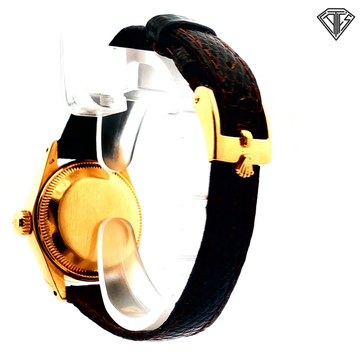 Pre-Owned Vintage Rolex Oyster Perpetual Date Just / 18k Yellow Gold/ Automatic/ 26mm/ Gray Sun Burst Dial/ 18k Yellow Gold Fluted Bezel/ Crystal Acrylic with Cyclops Date Magnifier/ Brown Textured Leather Strap