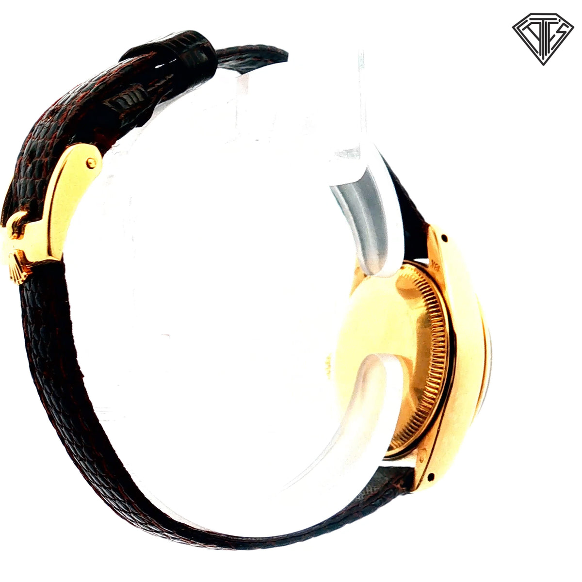 Pre-Owned Vintage Rolex Oyster Perpetual Date Just / 18k Yellow Gold/ Automatic/ 26mm/ Gray Sun Burst Dial/ 18k Yellow Gold Fluted Bezel/ Crystal Acrylic with Cyclops Date Magnifier/ Brown Textured Leather Strap