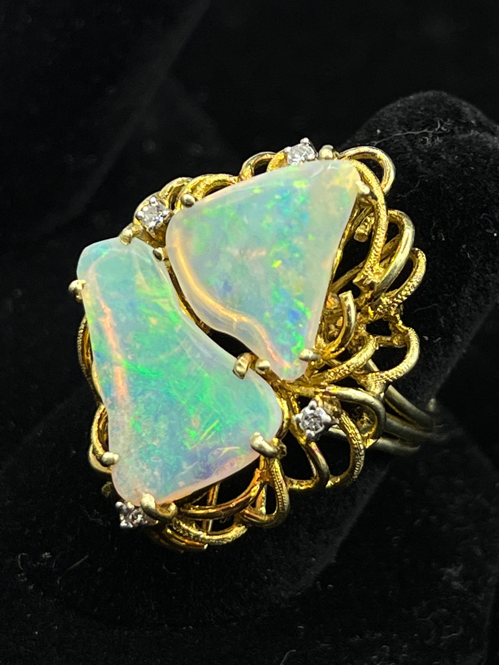 14k Yellow Gold Vintage Opal and Diamond Free Form Ring