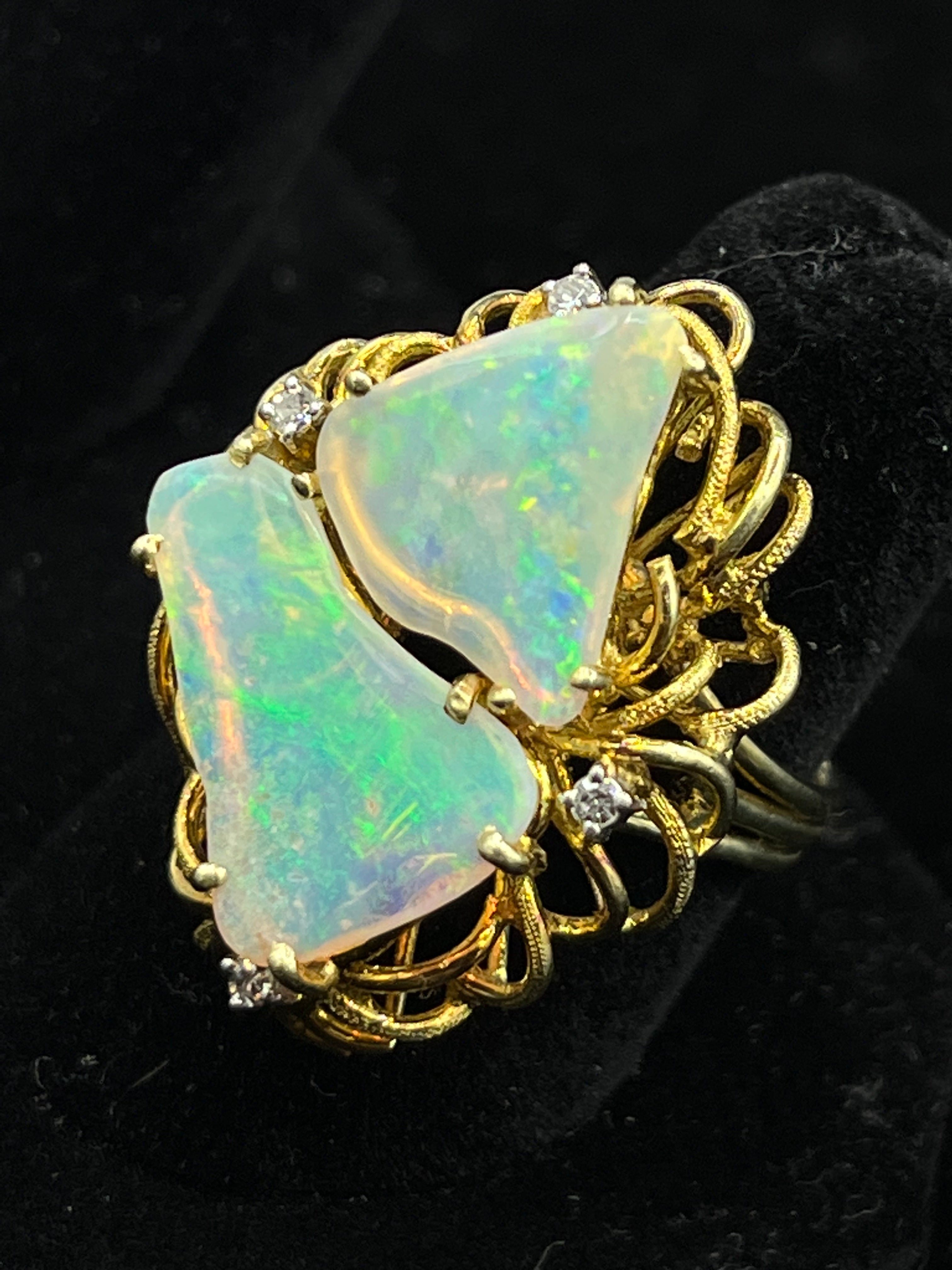 14k Yellow Gold Vintage Opal and Diamond Free Form Ring