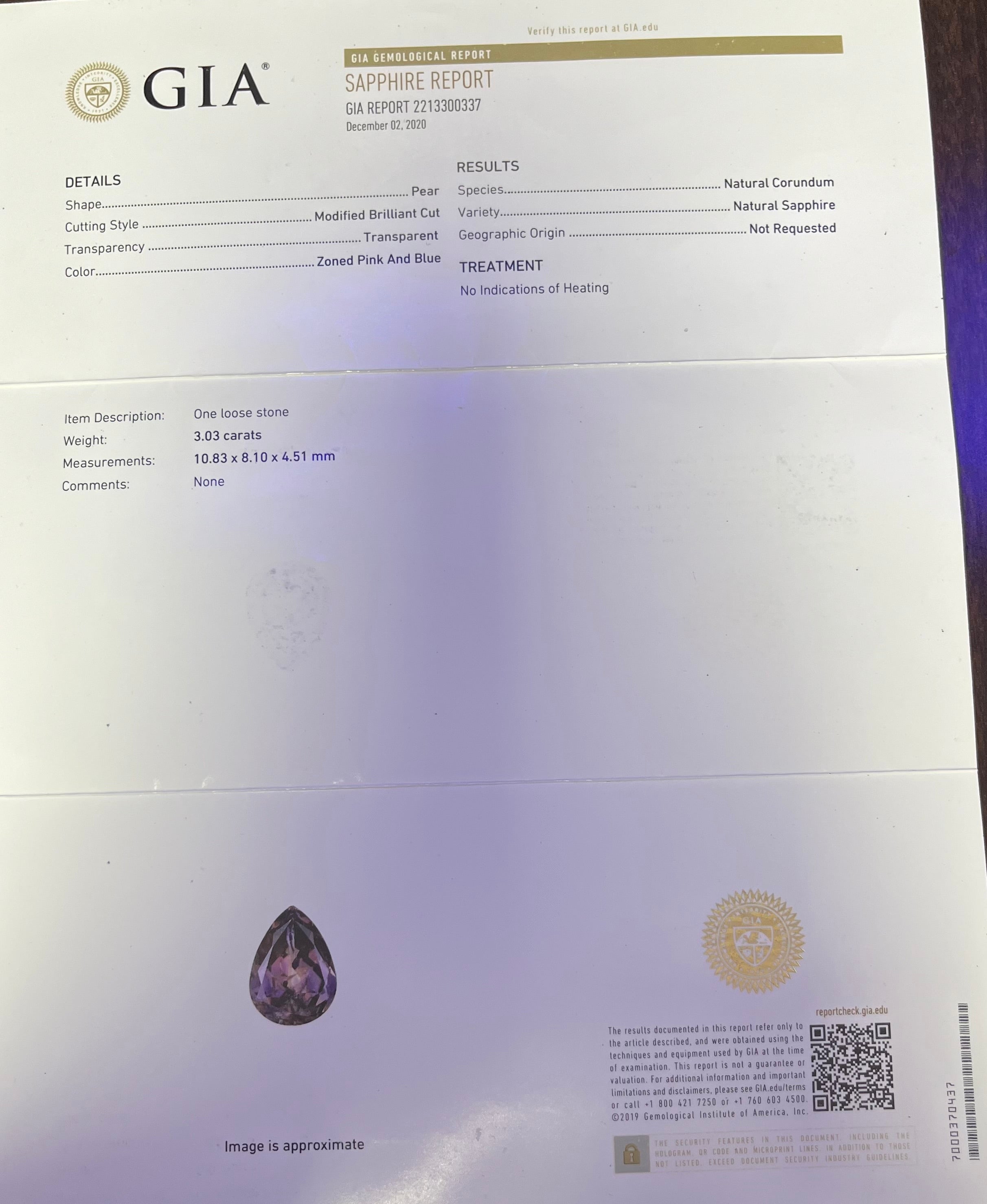 Platinum 3.03ct Pear Shape Zoned Pink and Blue Sapphire /.75ct G VS2 Trillion Diamond Ring Certified By GIA # 2213300337