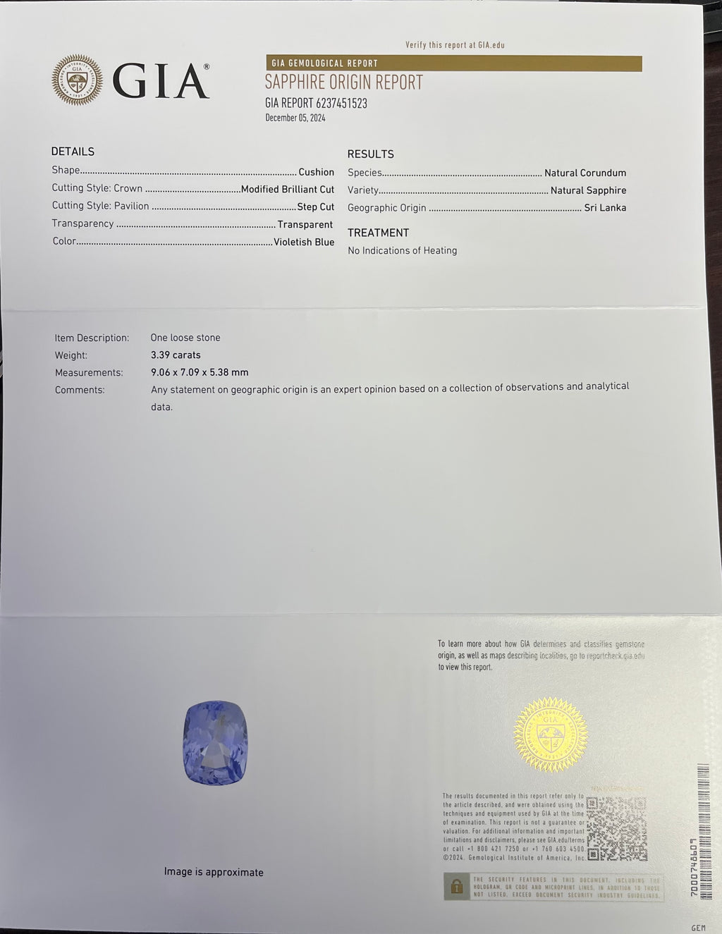 18k White Gold 3.25ct/3.39ct Cushion Natural Sapphire/1.25ct F VS2 Round Diamond Drop Earrings Certified By GIA #2231451525 Bluish Violet (3.25ct) /GIA#6237451523 Violetish Blue(3.39ct)