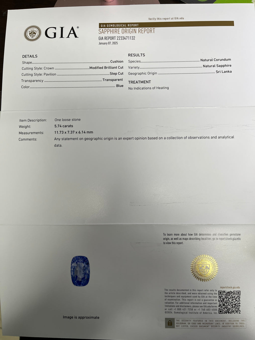 5.74ct Cushion Blue Sapphire Stone Certified By GIA#2233471132