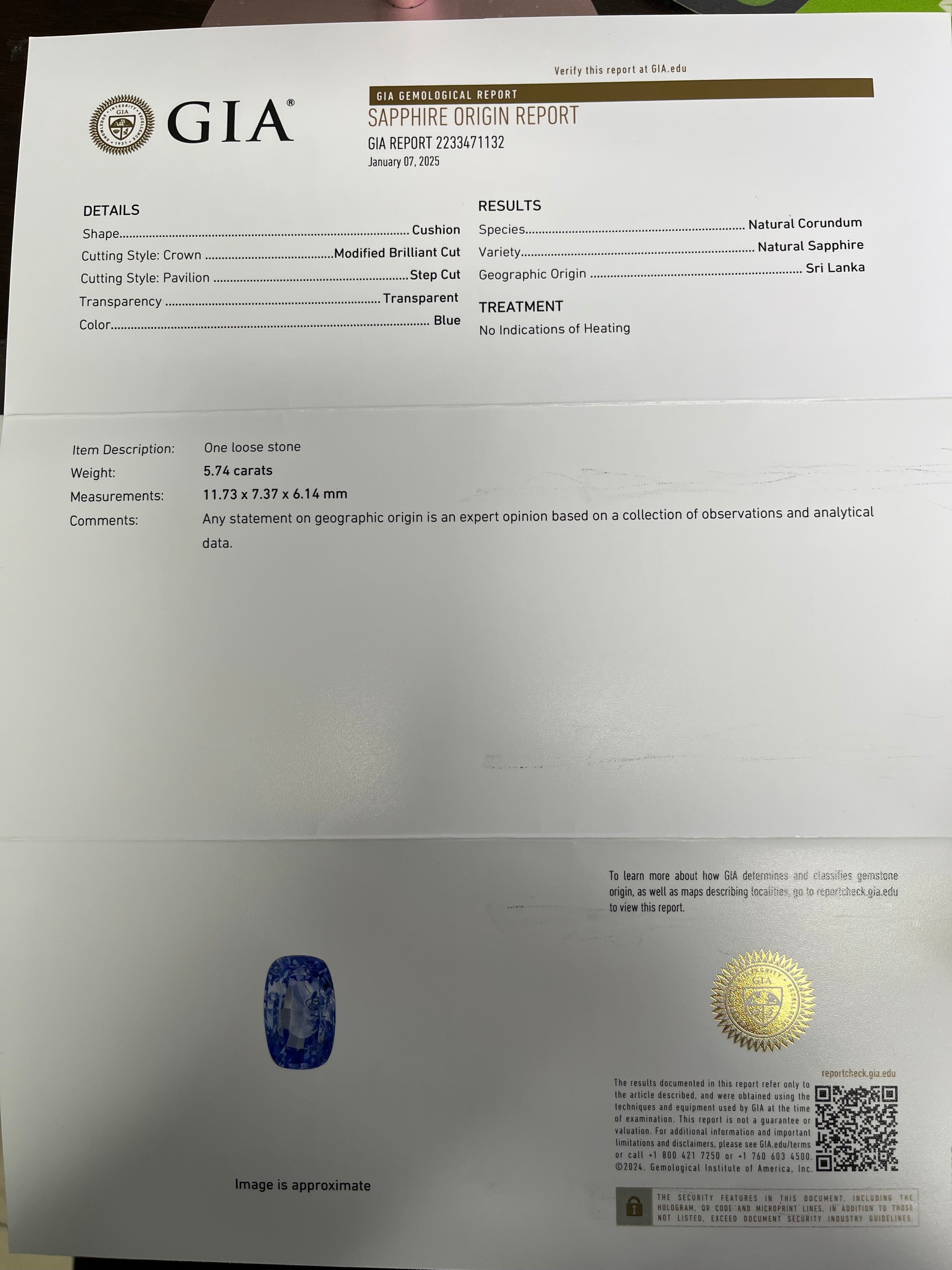 5.74ct Cushion Blue Sapphire Stone Certified By GIA#2233471132