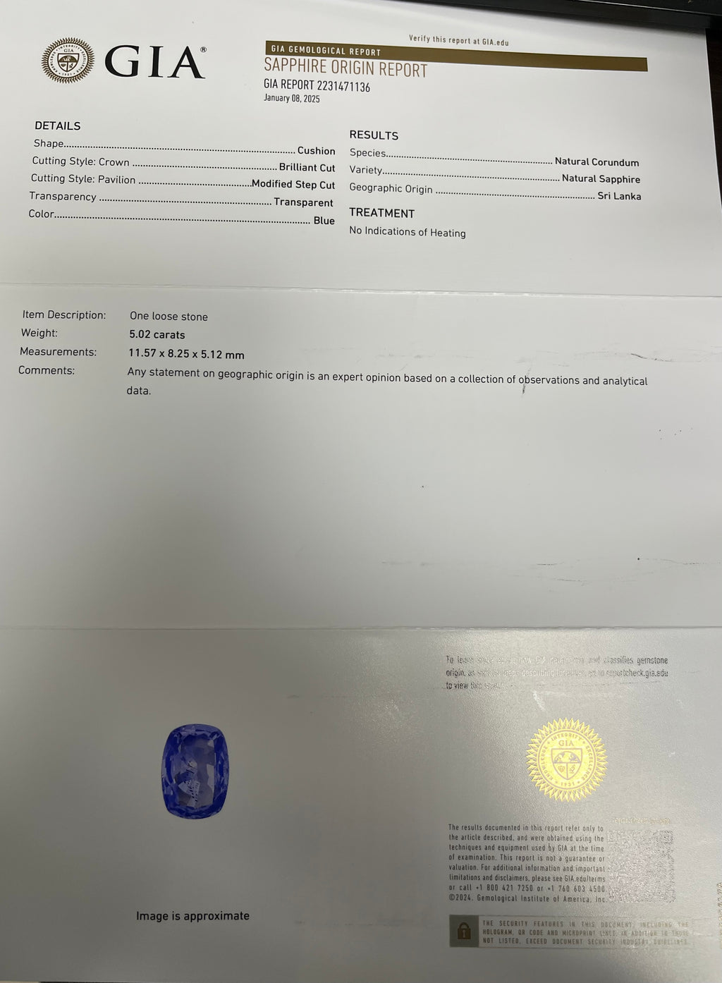 5.02ct Cushion Blue Sapphire Certified By GIA #2231471136