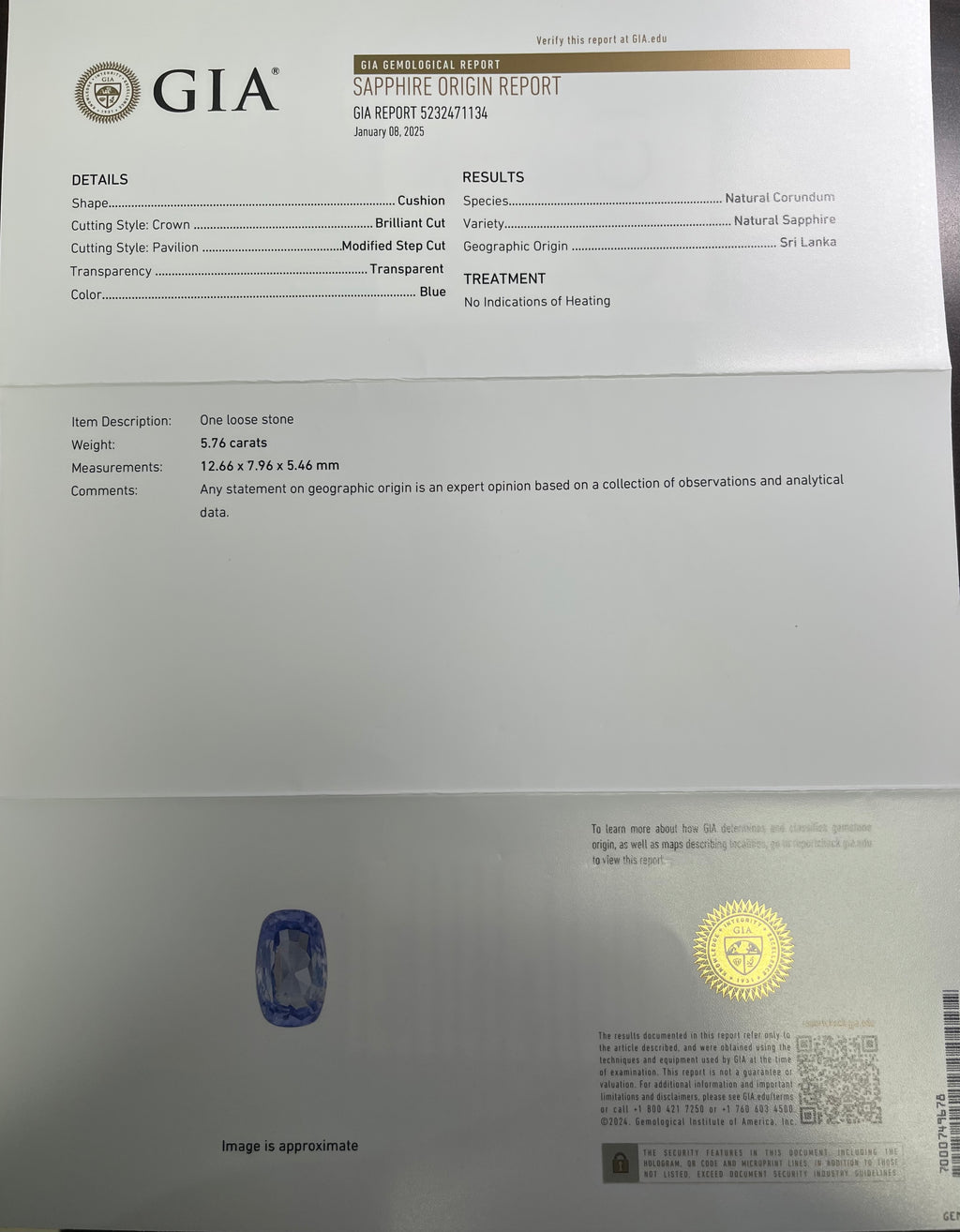 5.76CT Cushion Blue Sapphire Loose Stone Certified By GIA# 5232471134