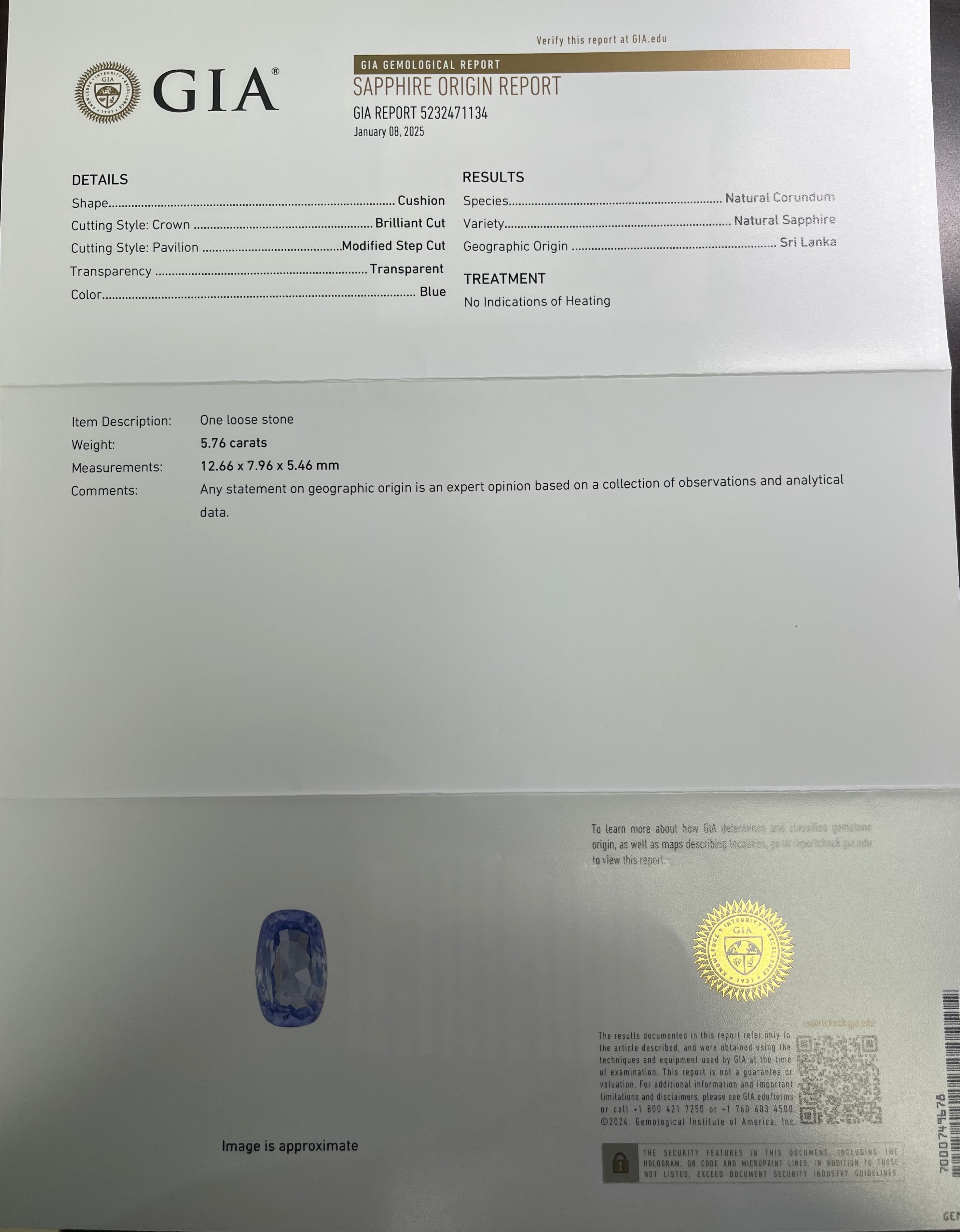 5.76CT Cushion Blue Sapphire Loose Stone Certified By GIA# 5232471134