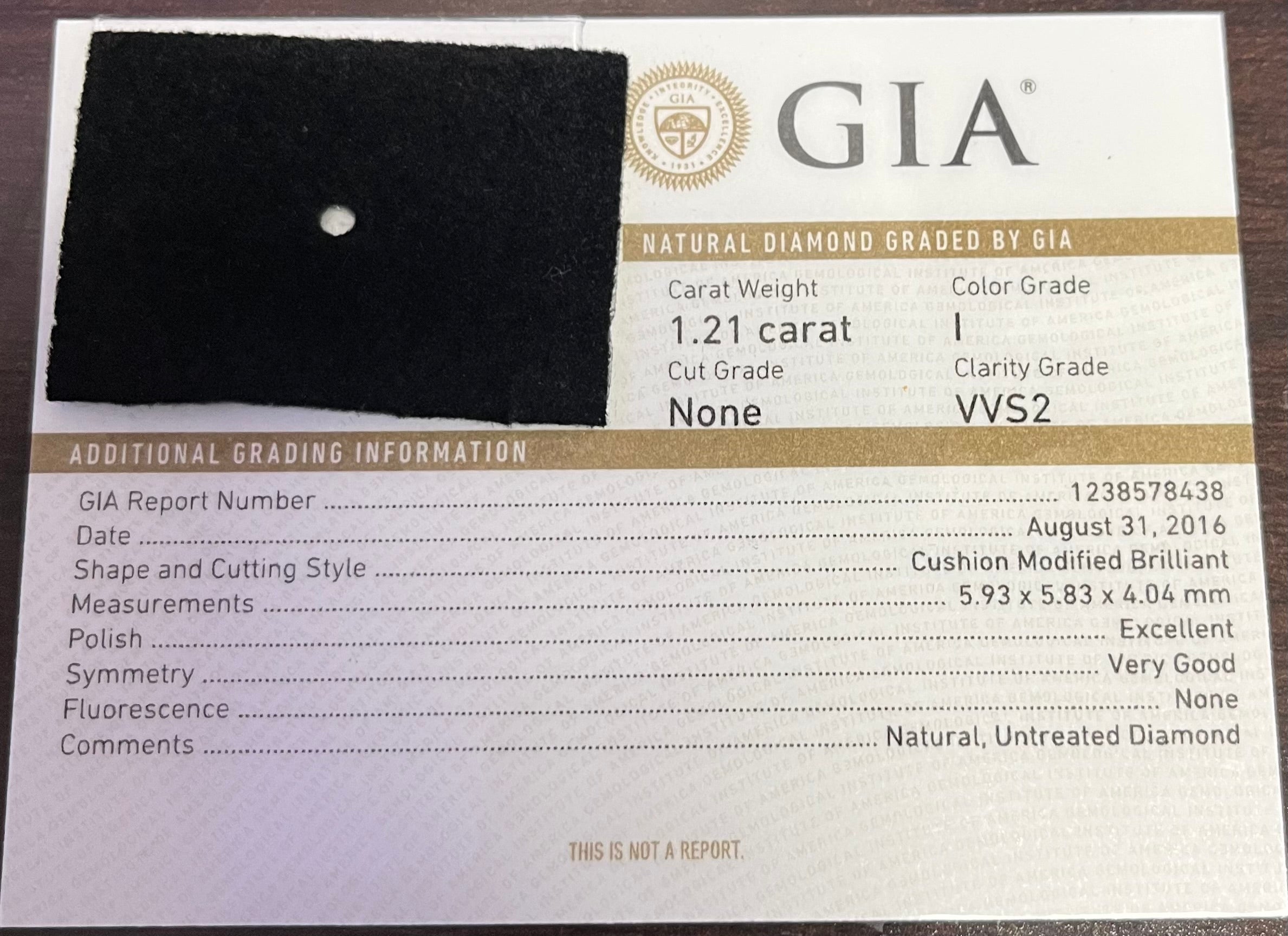 1.21ct I VVS2 Cushion Diamond Certified By GIA #1238578438