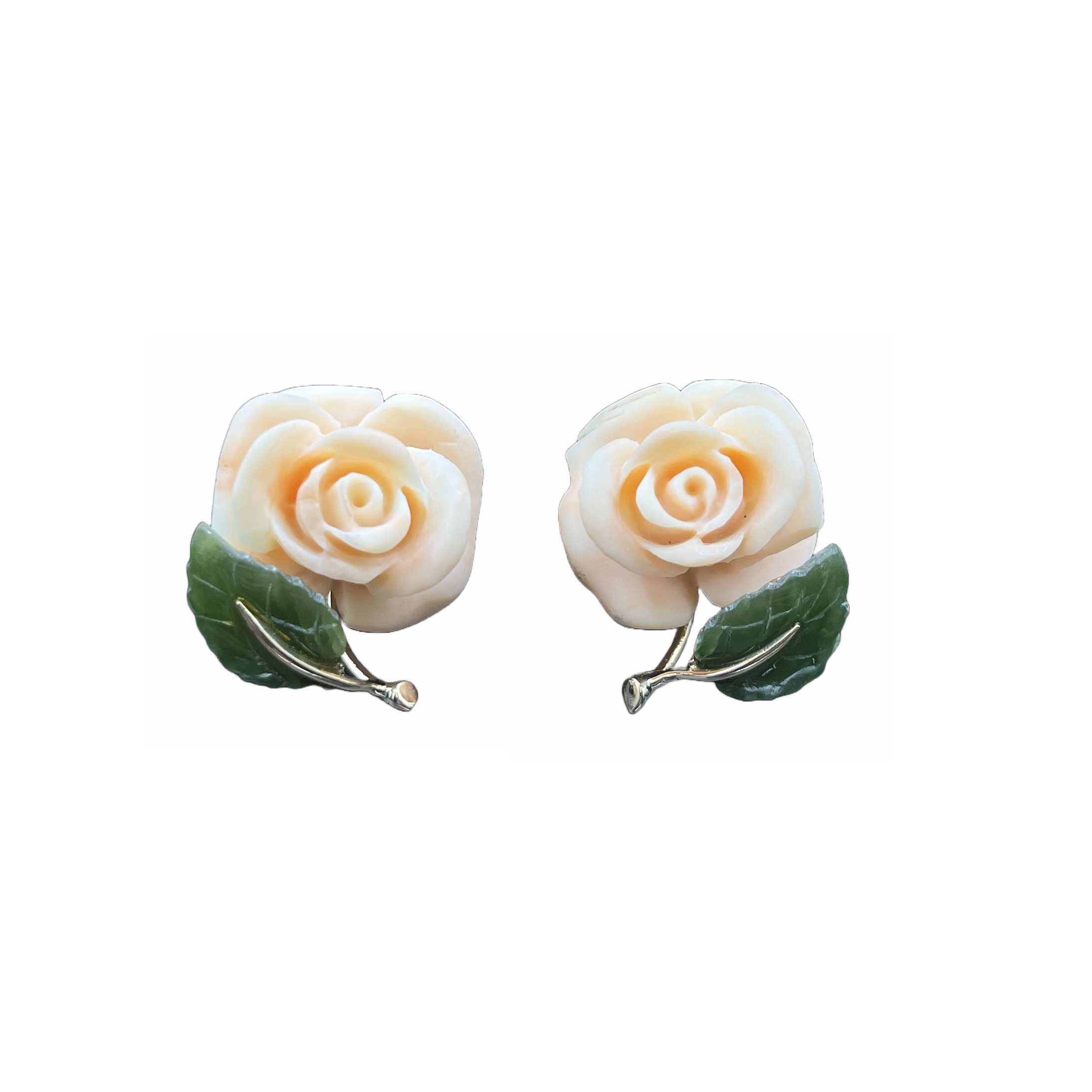 14K YELLOW GOLD VINTAGE ROSE CORAL AND JADE LEAF 20MM EARRING